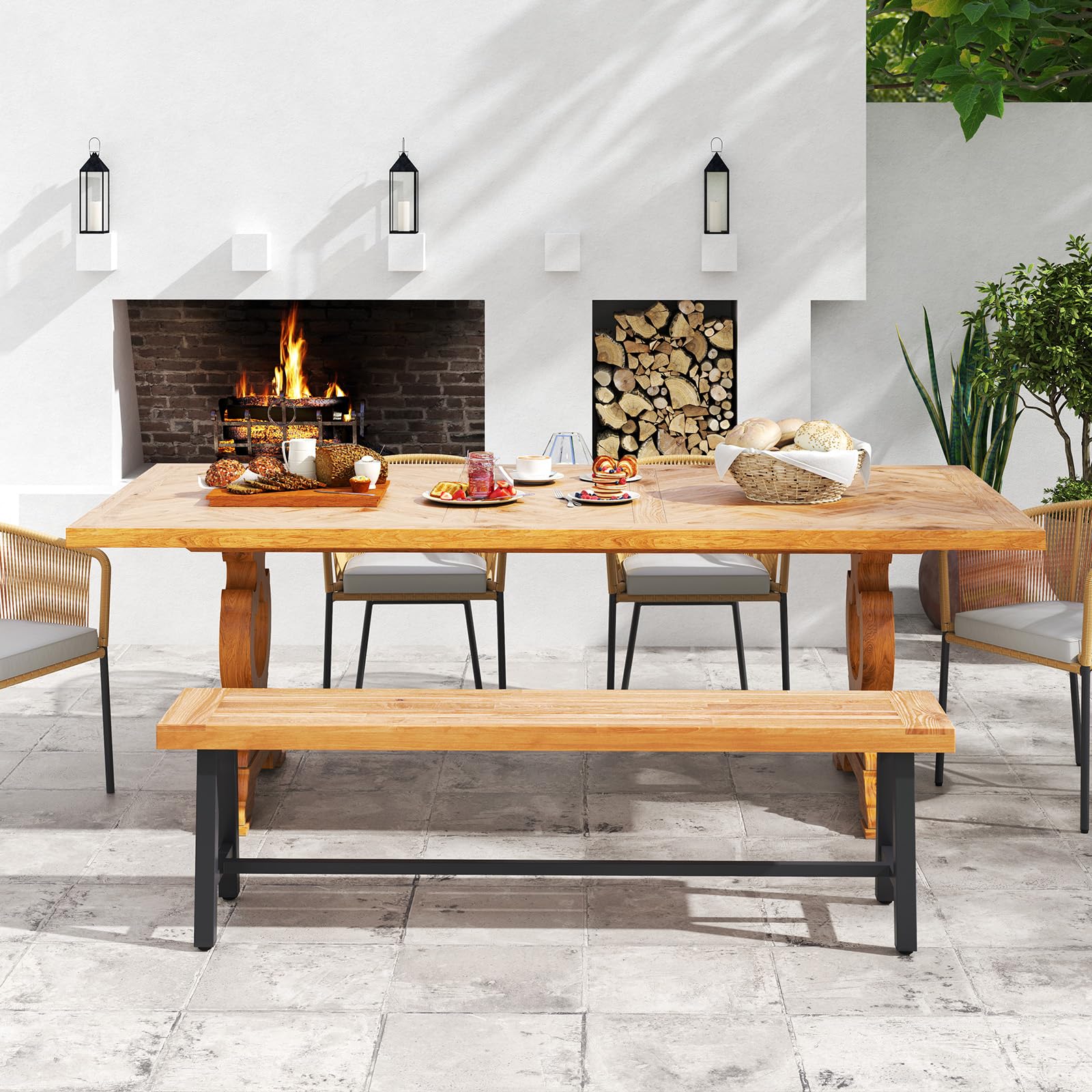 COSTWAY Banco Madera de Acacia 160cm, Banco Exterior de 3 Plazas sin Respaldo, Patas de Metal, Carga 360kg, Banco Jardin Terraza Exterior, Natural y Negro (1)