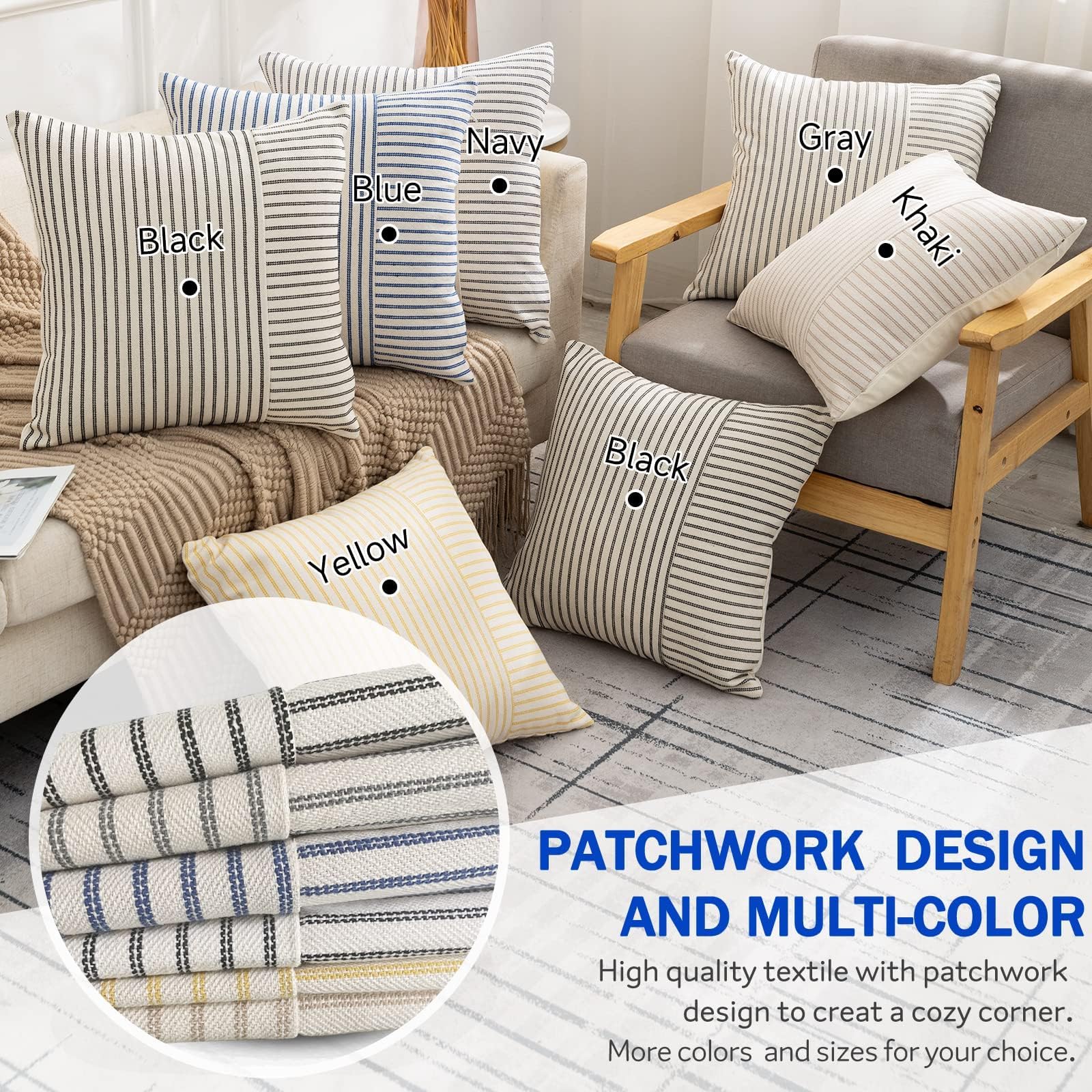 YCOLL set van 2 kussenhoezen 45 x 45 cm katoen linnen kussenhoes bankkussen strepen sierkussens boho decoratie kussenhoezen sierkussenhoezen voor bank woonkamer slaapkamer buitenkussens 45 x 45 zwart