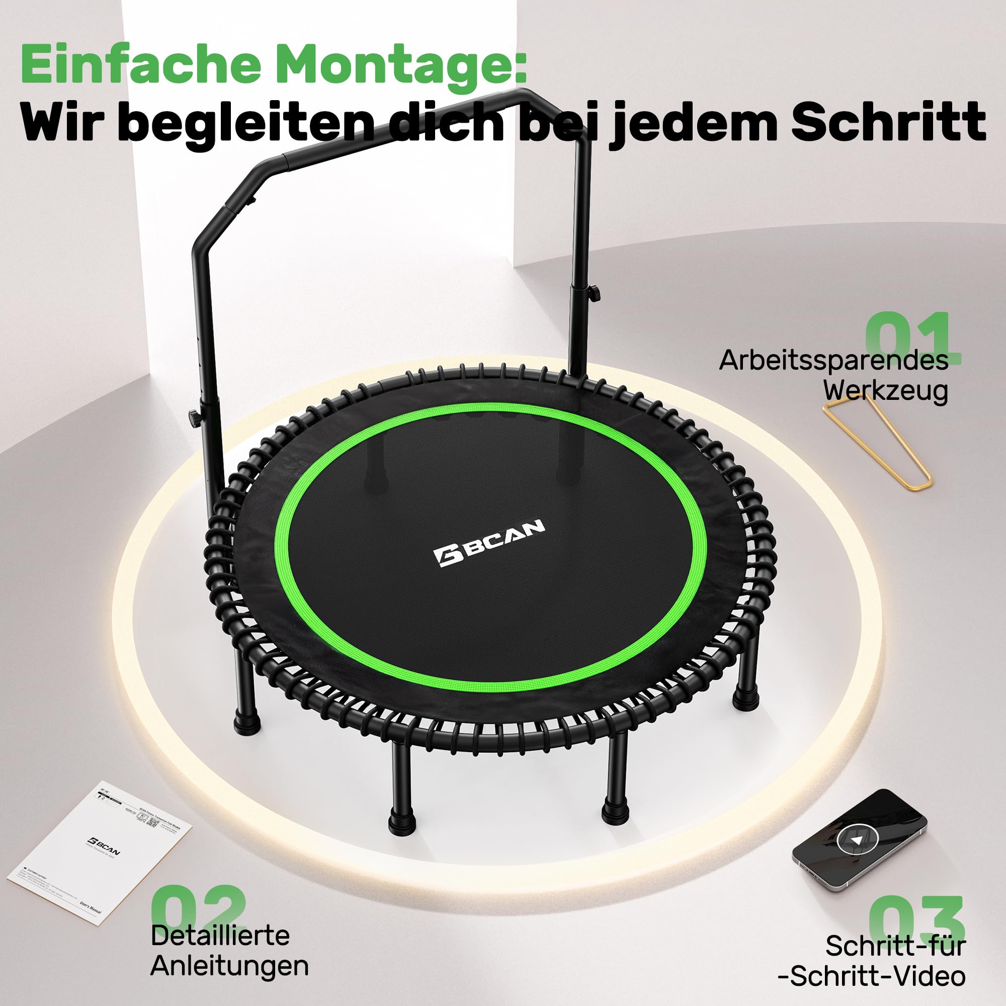 BCAN Rebounder-Trampolin für Erwachsene,102/122cm,204/250kg Belastbarkeit,mit Bungee-Seilen,verstellbarem Griff,stabil,leise,für drinnen und draußen,Ganzkörpertraining,Entspannung zu Hause