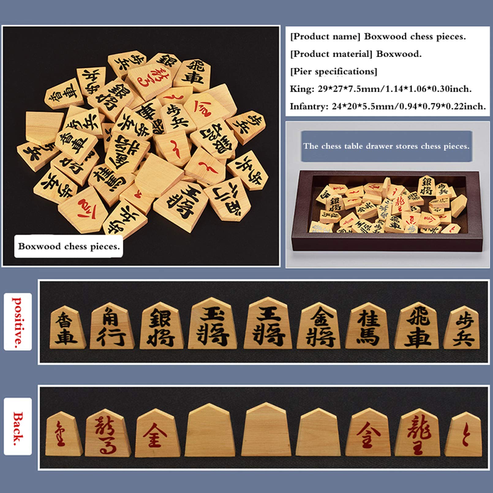 Shogi - Giochi Tradizionali - Set di Giochi di Scacchi Giapponese - Tavola di Legno con Cassetti E 42 Pezzi di Gioco - Set di Scacchi da Viaggio,Boxwood,270x250x50mm