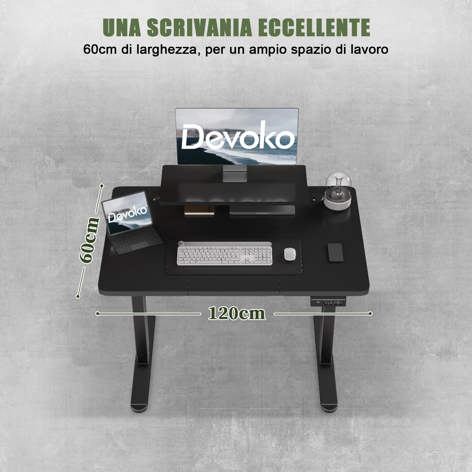 Devoko 120 x 60 cm Scrivania Regolabile in Altezza Supporto per Monitor | Regolabile con 2 Altezze di Memoria, Per Camera da Letto, Studio, Ufficio, Nero