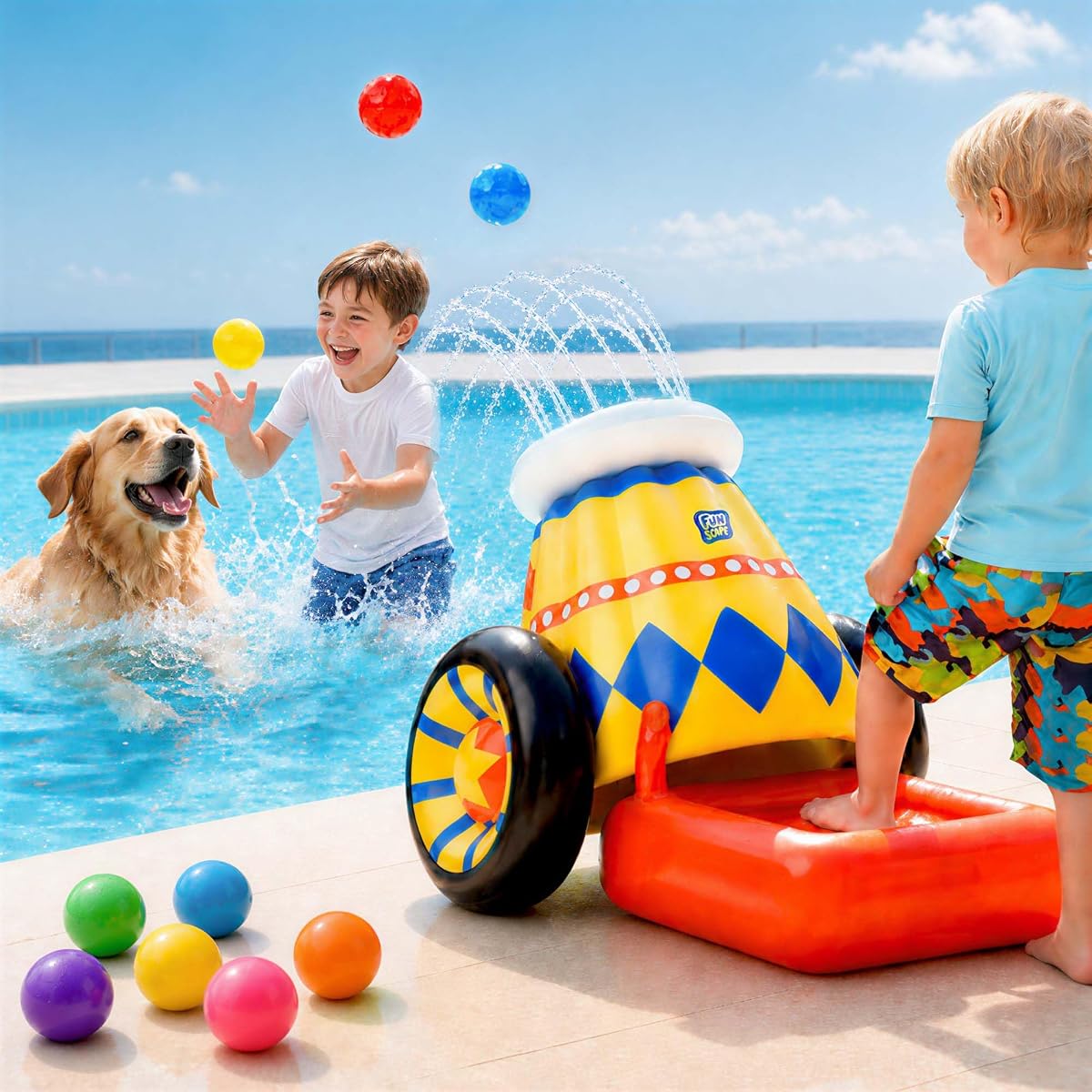 Juguete de piscina de lanzamiento de pelota inflable para niños con rociador Juego de agua para niños pequeños | Juego de tiro con pelotas al aire libre en la piscina, rociador de agua para el patio trasero junto a la piscina, regalos para fiestas en la playa de verano para nadar, niño y niña de 3, 4, 5, 6, 7 y 8 años
