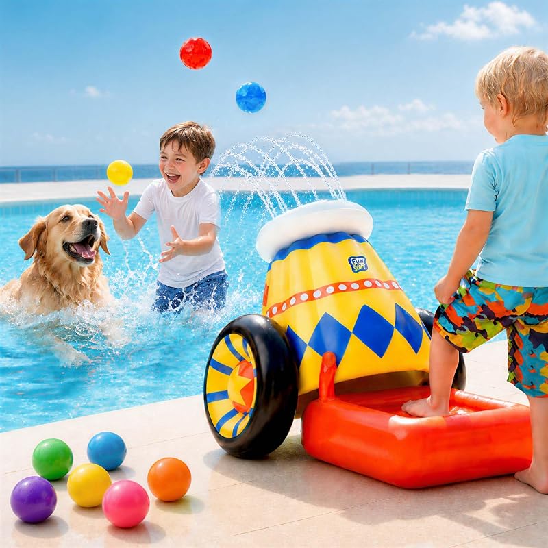 Juguete de pileta de lanzamiento de pelota inflable para niños con rociador Juego de agua para niños pequeños | Juego de tiro con pelotas al aire libre en la pileta, rociador de agua para el patio trasero junto a la pileta, regalos para fiestas en la playa de verano para nadar, niño y niña de 3, 4, 5, 6, 7 y 8 años