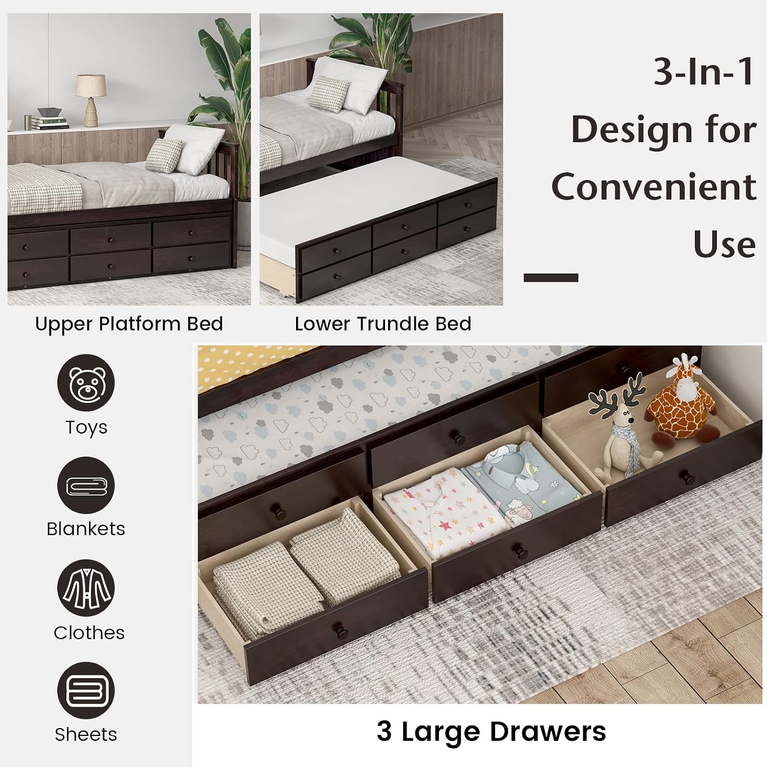 KOTEK Twin Captain's Bed, Twin Daybed with Trundle and 3 Storage Drawers, No Box Spring Needed, Wooden Platform Storage Bed for Kids Teens Guests (Espresso)