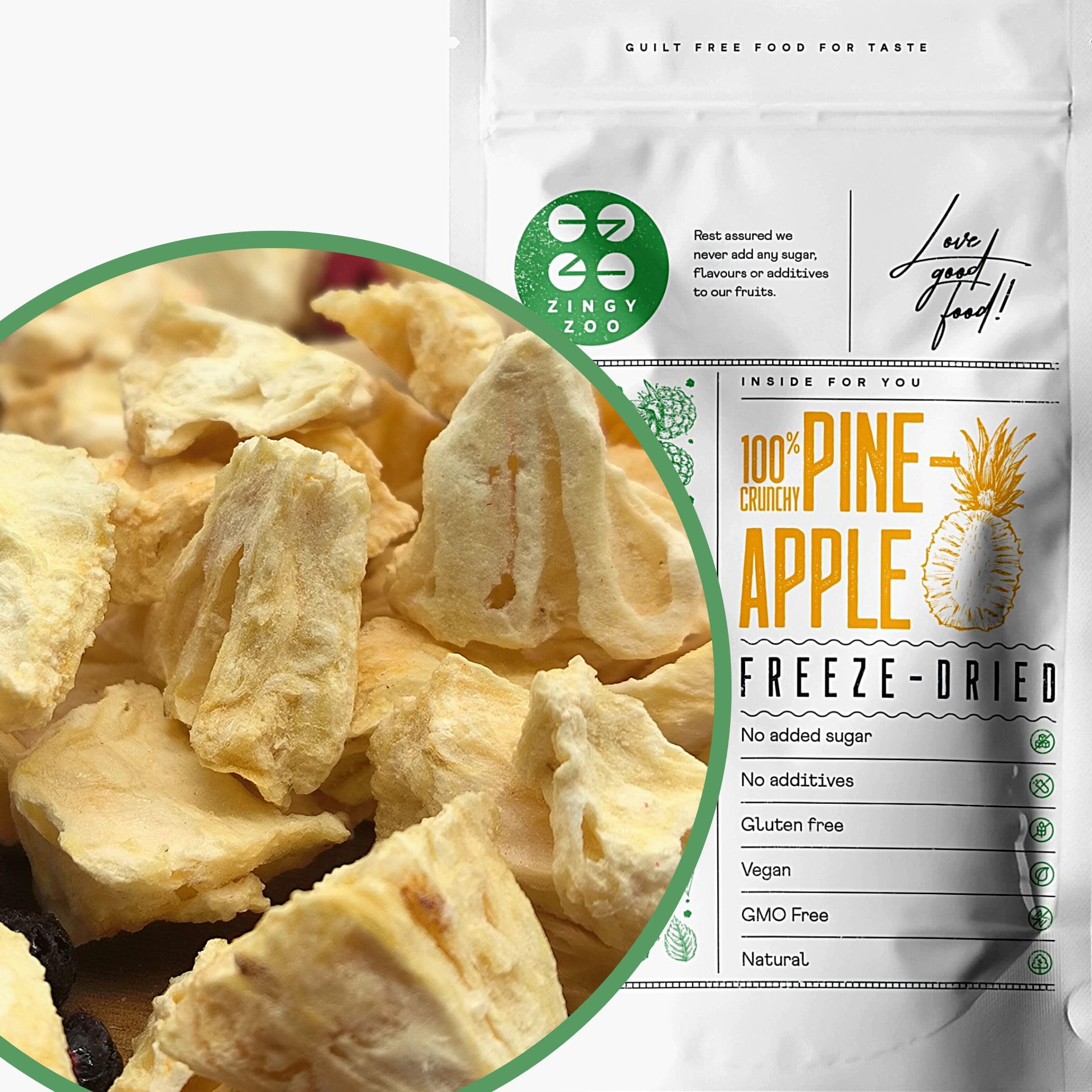 Gefriergetrocknete Früchte | 100% Pure Ananas Trockenobst Gefriergetrocknete Ananas | Früchte Gefriergetrocknet Ohne Zuckerzusatz | Knusprig - Aromatisch - Lecker Freeze Dried Pineapple ZingyZoo