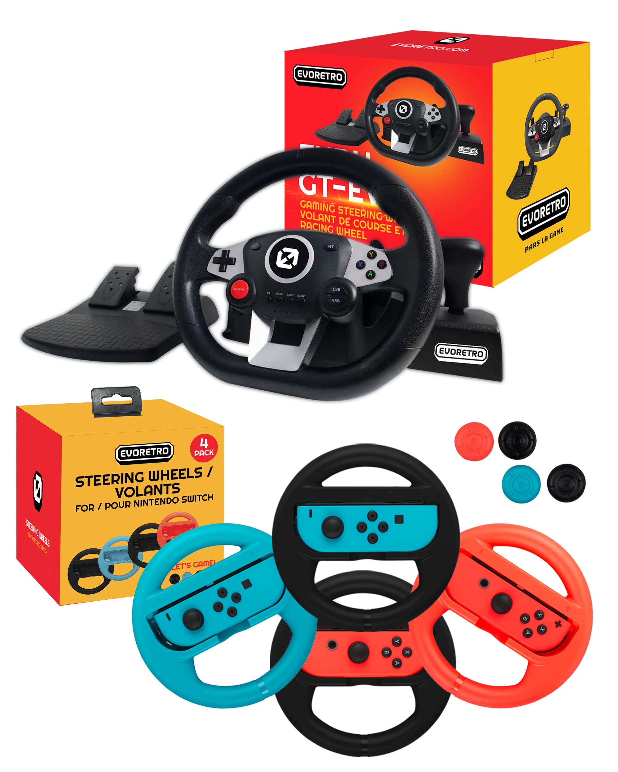 EVORETRO FURY GT-EV3 Racing Wheel - Pedals and Racing Wheel Controller Grip - Perfect for Mario Kart 8 (4pcs)
