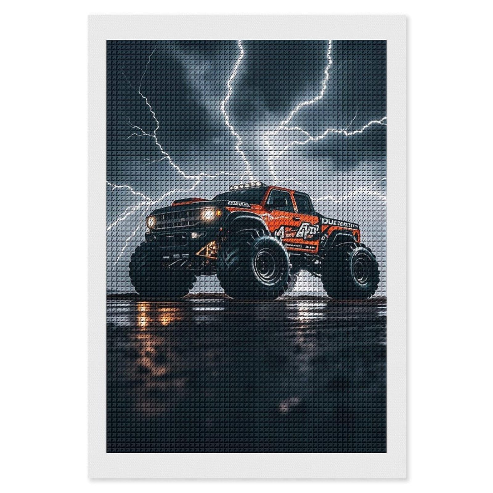 Monster Truck Black Sky Lightning Roar Diamond Painting Kits for Adults Beginners 8X12 Full Drill Diamond Art with DIY Tools Square 5D Diamonds Dots Crafts Gem Art Paint by Diamonds for Home Wall De