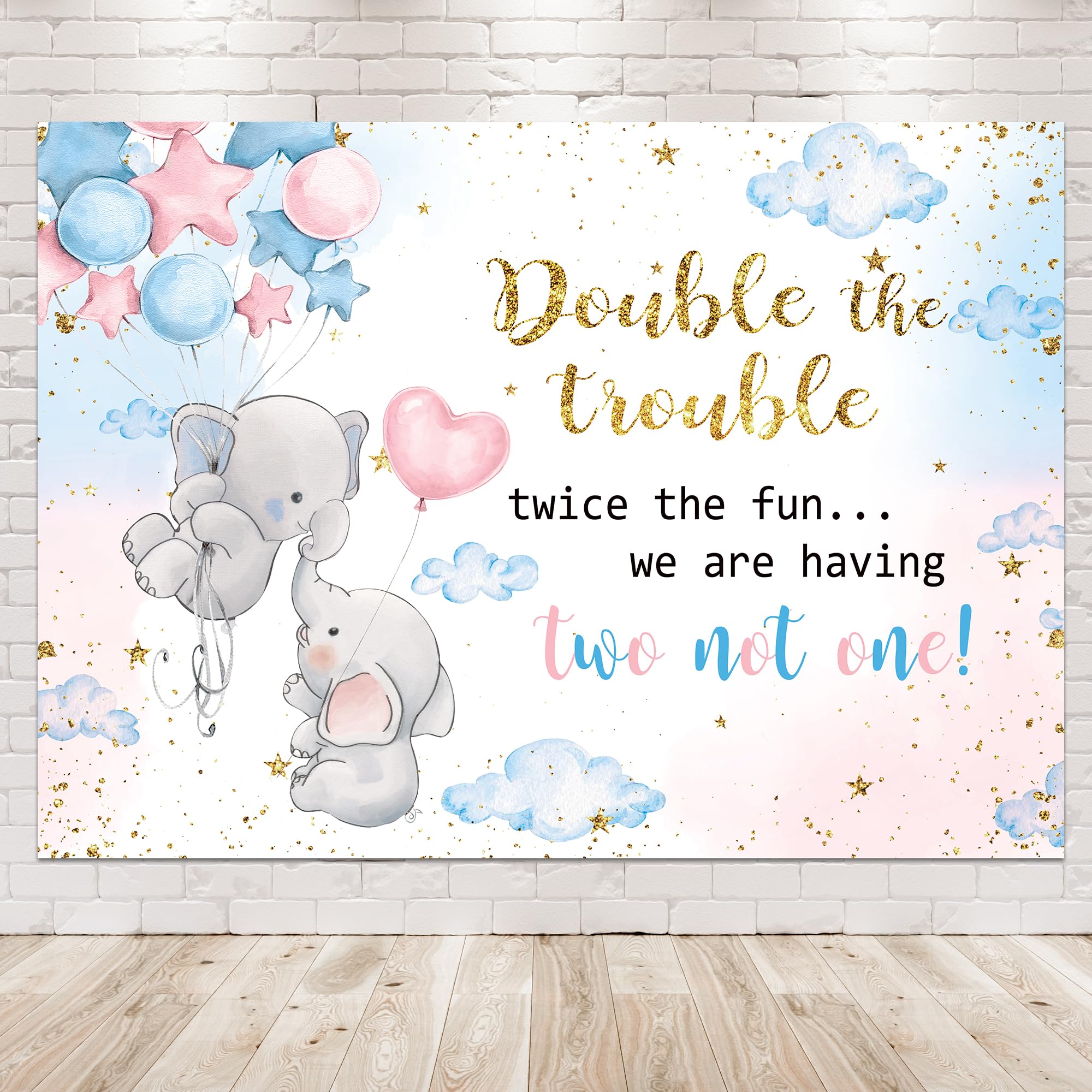 Newsely Double The Trouble Twice The Fun Twins Baby Shower Decorations Backdrop 7Wx5H Photography Elephant Gender Reveal Blue Pink Background Boys