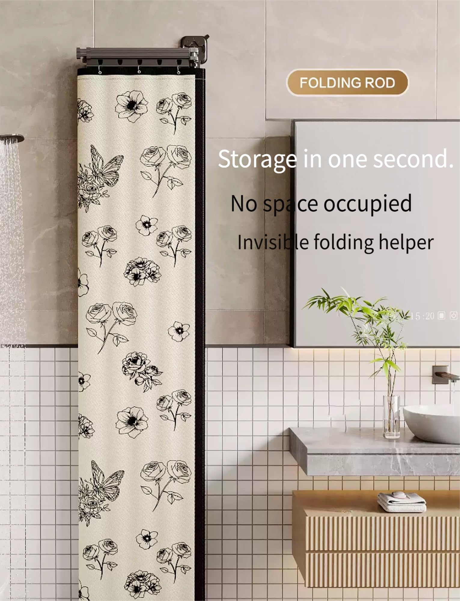 Ensemble Rideau de Douche Mural Pliable, Rideau en Lin Ajustable avec Ventouse pour Salle de Bain, Baignoire, Cuisine, Magasin de vêtements