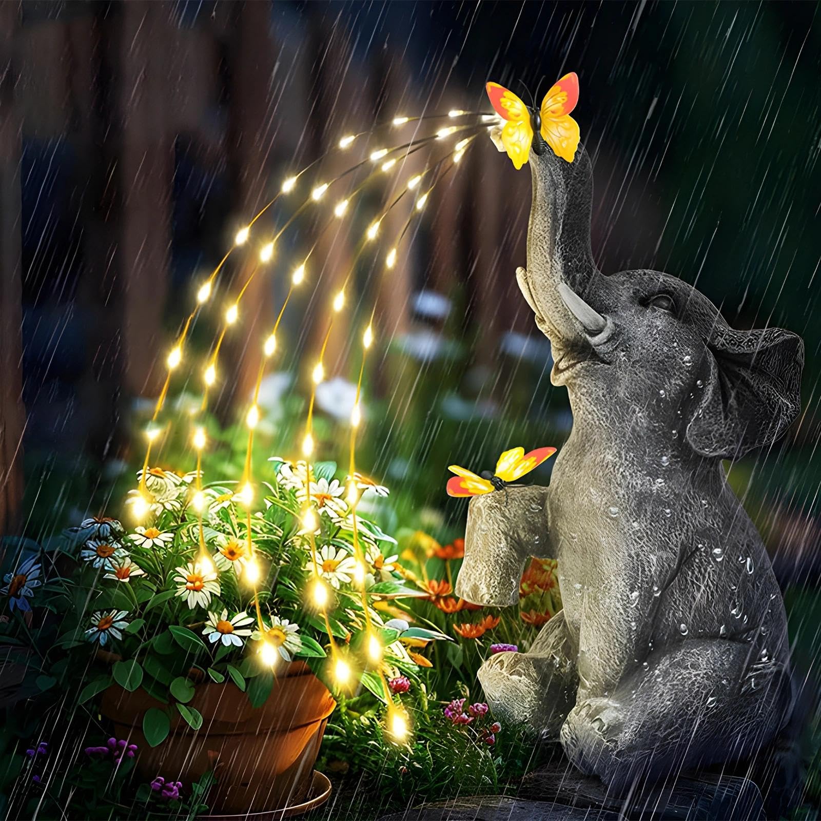 FIYSON Elephant Statue Garden Decoration, Watering Elephant Figure Solar Powered LED Fairy Lights, Gifts for Mum Women Living Room, Weatherproof Elephant Decoration for Patio, 27 cm