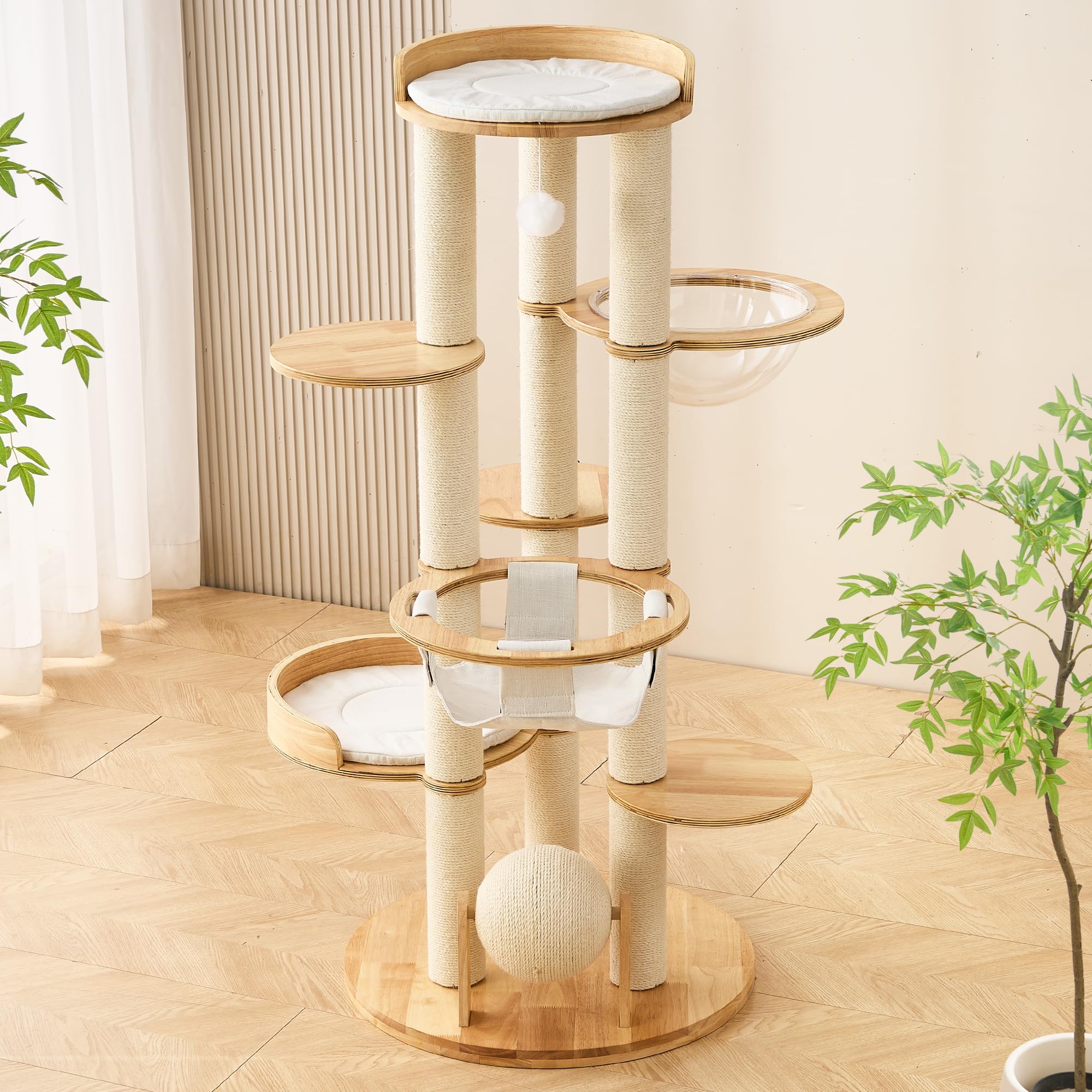 Modern Cat Tree Tower with Scratching Post for Indoor Cats Large Adult, 54 inch Tall Solid Wood Multifunctional Cat Tree Tower with Bed, Dangling Ball, Space Capsule, Scratcher Ball, Multiple Cats Use