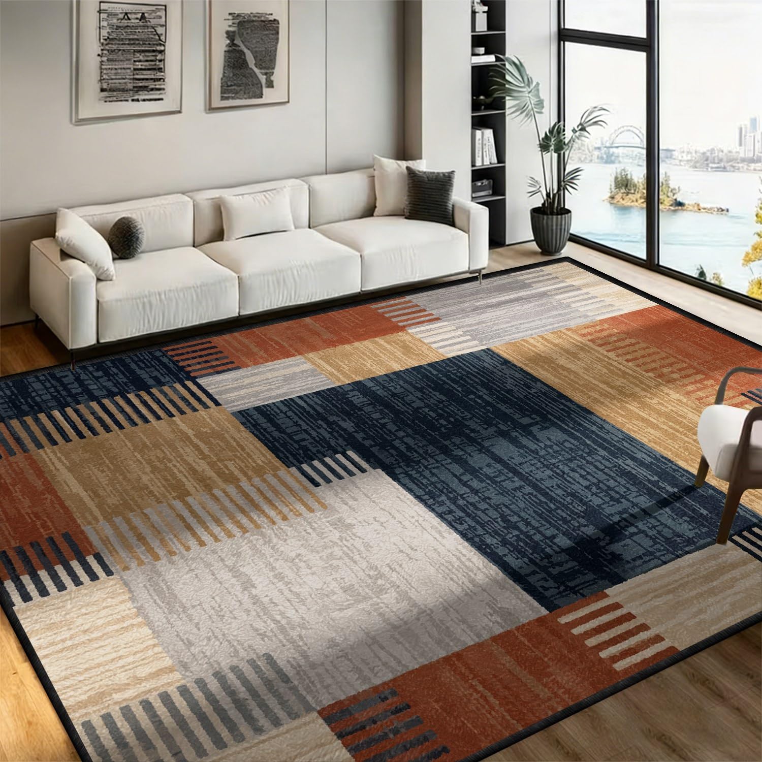 SOJAWA Scandinavian Multi Coloured Area Rug 60x90cm, Blue Beige Orange Geometric Abstract Living Room Rugs, Washable Non Slip Low Pile Soft Rug for Bedroom Dining Room Home Decor