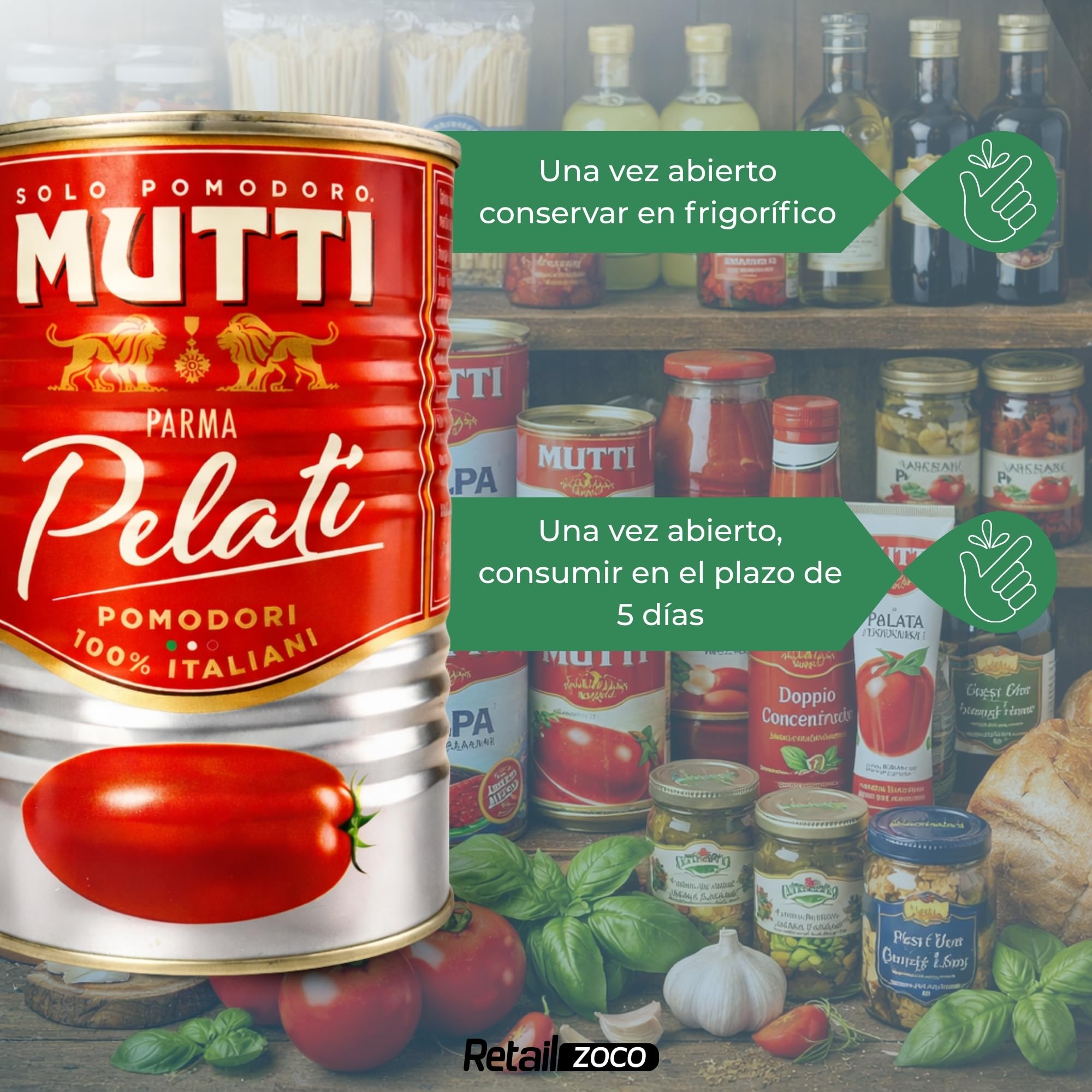 Tomate Pelado, Salsa Tomate Italiano, Para platos tradicionales mediterráneos, Elaborado con tomates pelados, zumo de tomate, Sin Gluten, Sin Lactosa, Sin huevos, Vegano, Contiene 4 Latas de 400 gr