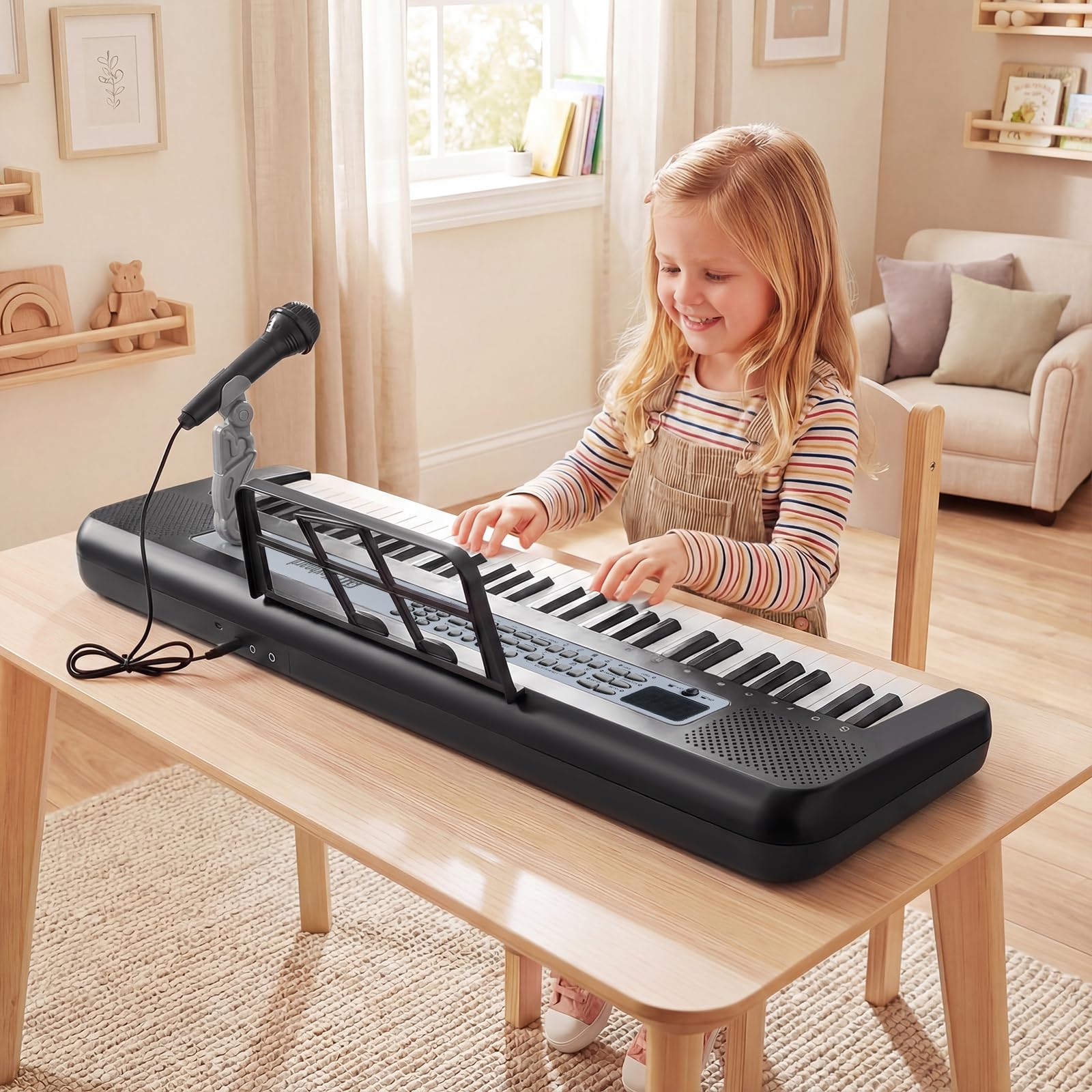 FANTASK Pianino cyfrowe 61 przycisków, klawiatura dziecięca z regulowanym stojakiem, mikrofonem i stojakiem na nuty, elektroniczne pianino dziecięce z dźwiękami, demonstrami i rytmami, dla dzieci od 3