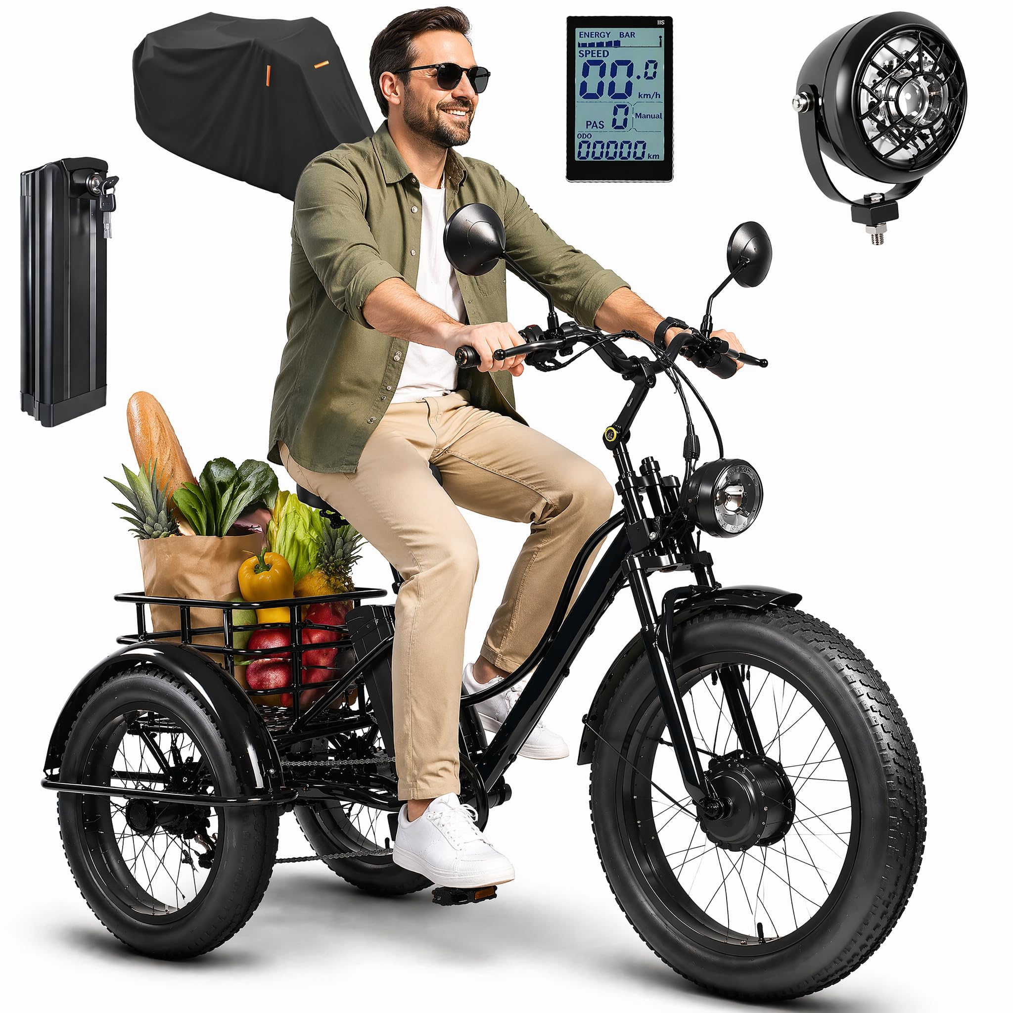 Vélo Électrique Tricycle Adulte, 24 Pouces Fat Bike, 7 Vitesses avec Panier Arrière, Moteur sans Balais, Grand Cadre Stable pour Déplacements Achats et Sorties en Plein Air Black