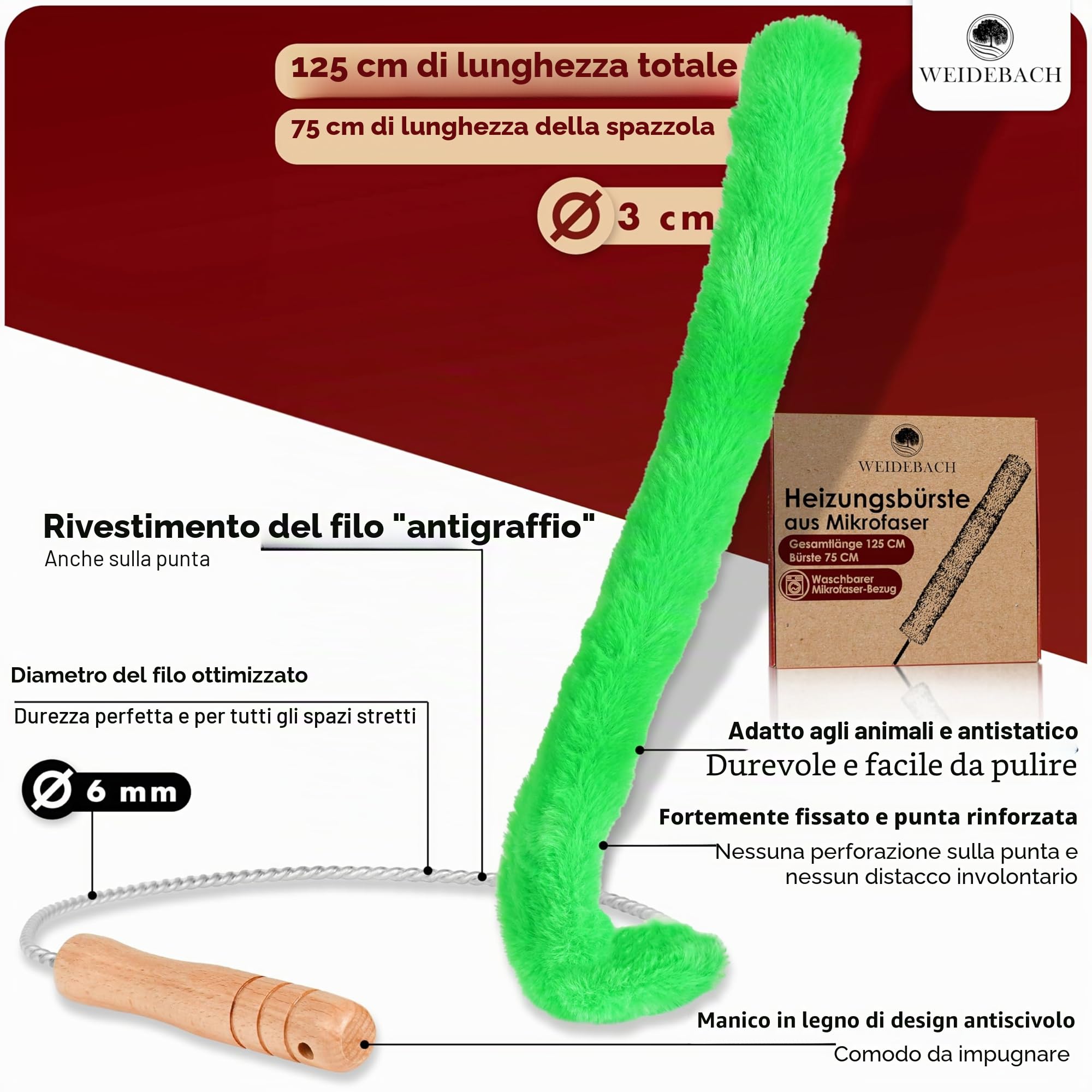 Weidebach Spazzola per radiatori V. 3.0, lunghezza totale 125 cm, spazzola in microfibra da 110 cm, per la pulizia del radiatore, senza peli di animali, spazzola per radiatori viene fornita in ogni