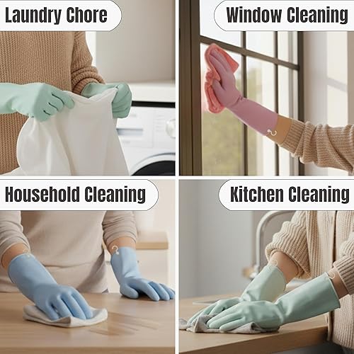 Miniatura 8 de IMARU 3 pares de guantes de lavado de platos con ganchos para colgar, guantes de limpieza antideslizantes y reutilizables para el hogar, cocina,