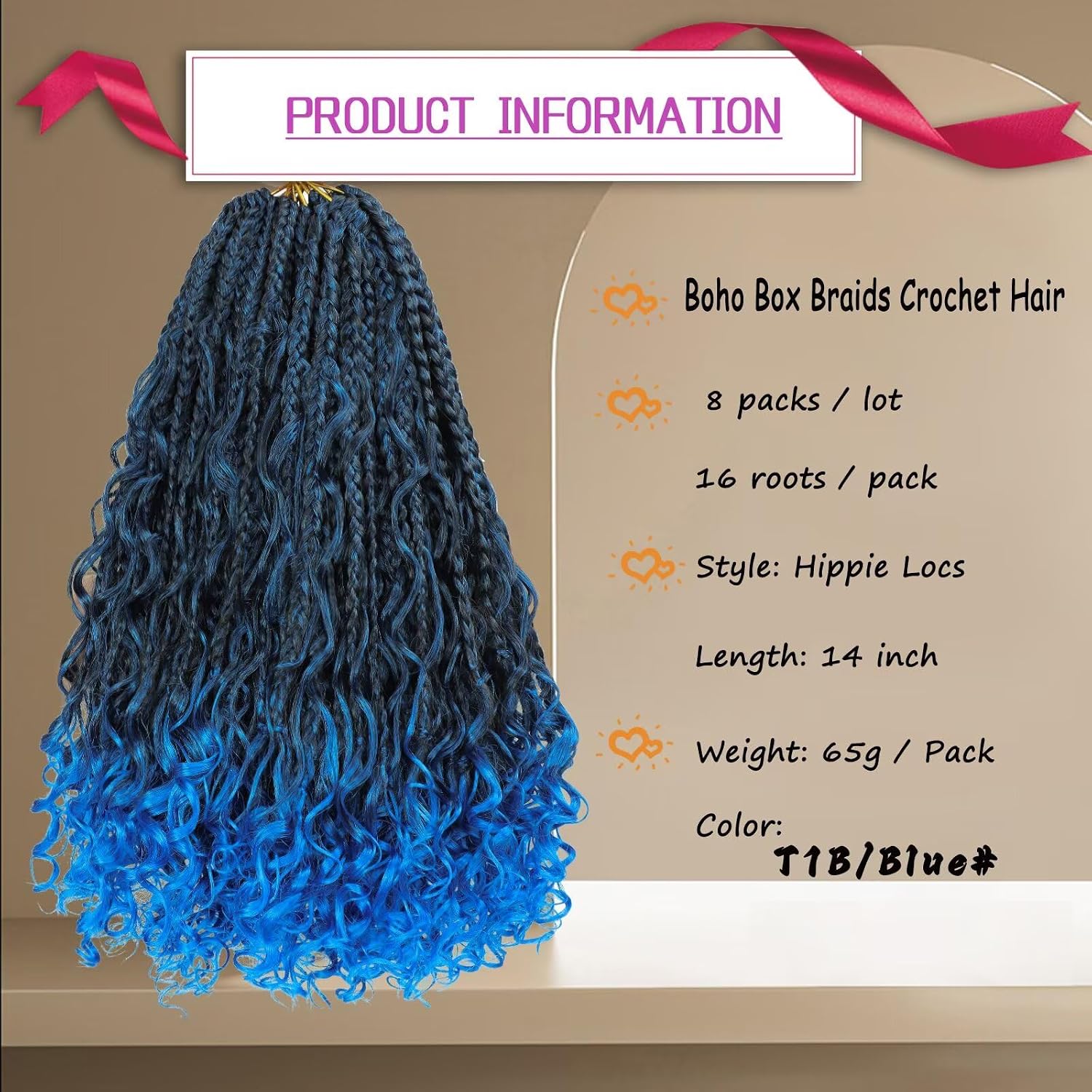 Blue Goddess Box Braids Crochet Hair Boho Box Crochet Braids Pre Looped with Curly Ends 8 Packs 14 inch 3X Bohemian Hippie Protective Hairstyle for Black Women(#1B/Blue)