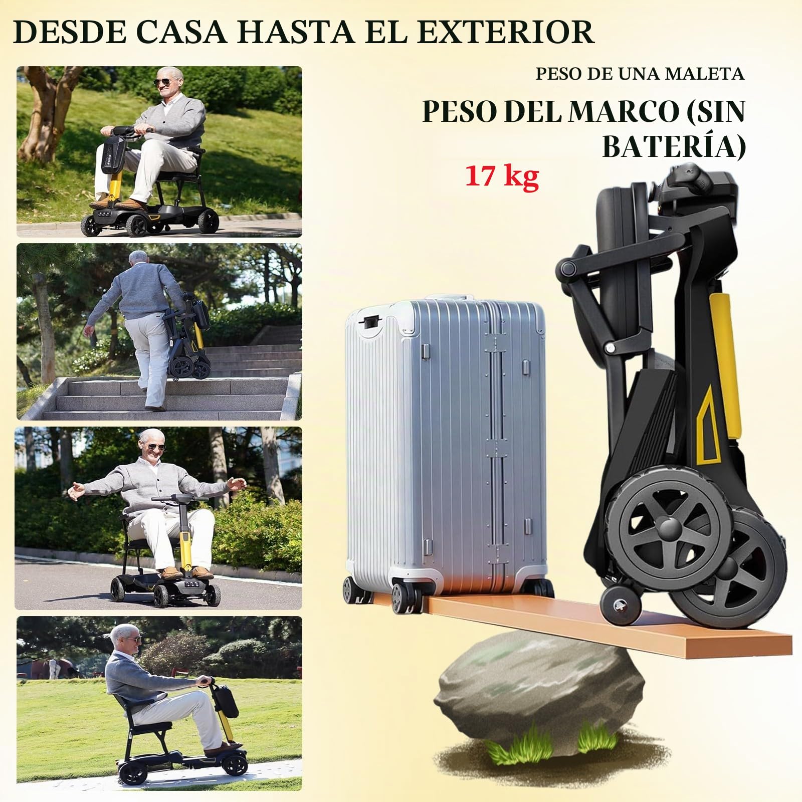 Patinete De Movilidad Plegable Portátil,Patinete De Movilidad Ligero De 4 Ruedas para Adultos,Cestas De Almacenamiento Delanteras Y Traseras,Peso Neto 17 Kg/37,4 LB A