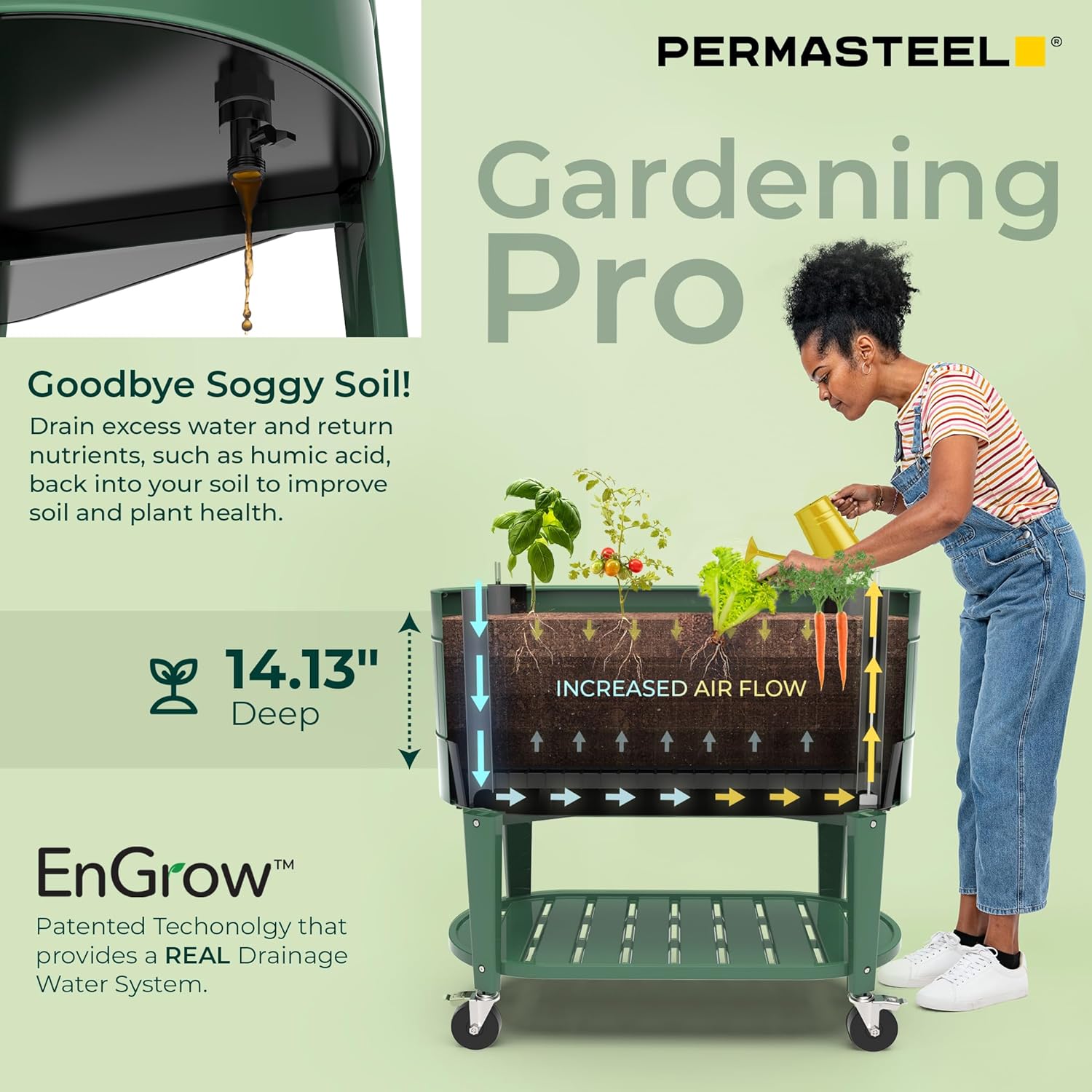 Permasteel Raised Garden Bed with Legs, 40×20×37 in, Planter Box with EnGrow™ TrueSoil™ Technology for Vegetables, Flowers, Herbs, and Fruit, Outdoor Indoor, Storage Shelf, Sage