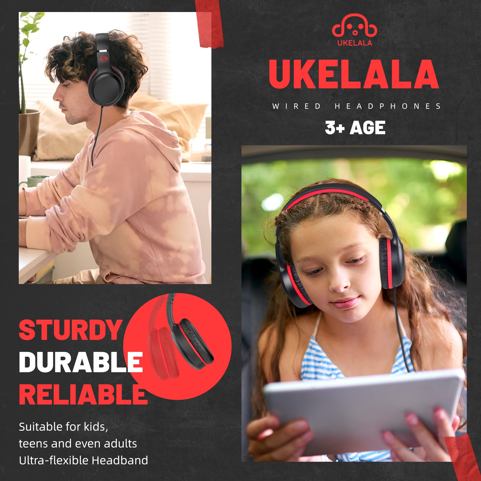 UKELALA Paquete de 5 auriculares con cable para niños, estéreo, ligeros, con cable de 5 pies sin enredos y conector de 3.5 mm, compatibles con Chromebooks y PC, teléfono escolar, verde, azul, rojo,