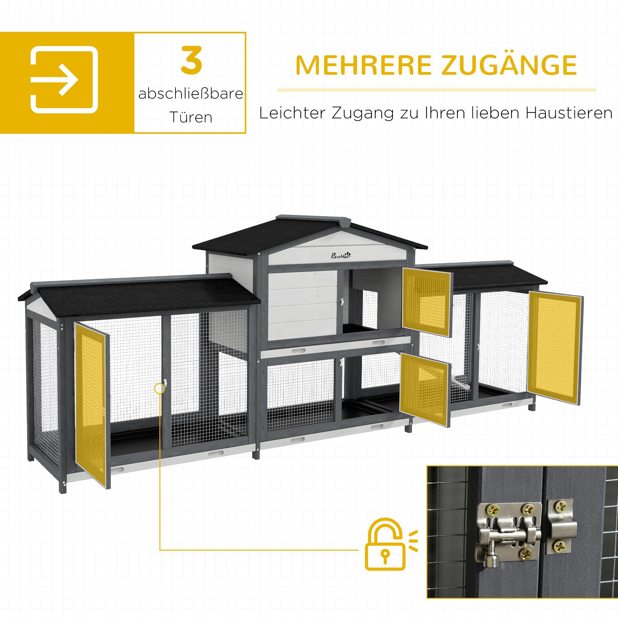 PawHut Hasenstall 2 Etagen Kaninchenstall aus Holz 230 x 53 x 93,5 cm Kaninchenkäfig mit Rampe, Freilaufgehege, Mehreren ausziehbaren Bodenwannen, Bitumendach, Tür, Hasenkäfig für draußen Hellgrau