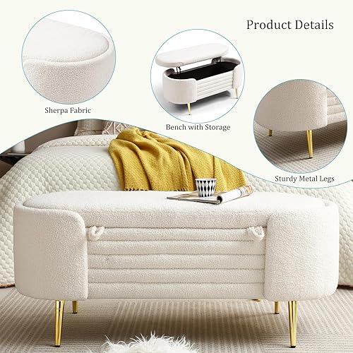 Miniatura 5 de Homtique Banco otomano moderno de almacenamiento, banco de almacenamiento tapizado de tela Sherpa de 47.6 pulgadas, banco de almacenamiento con