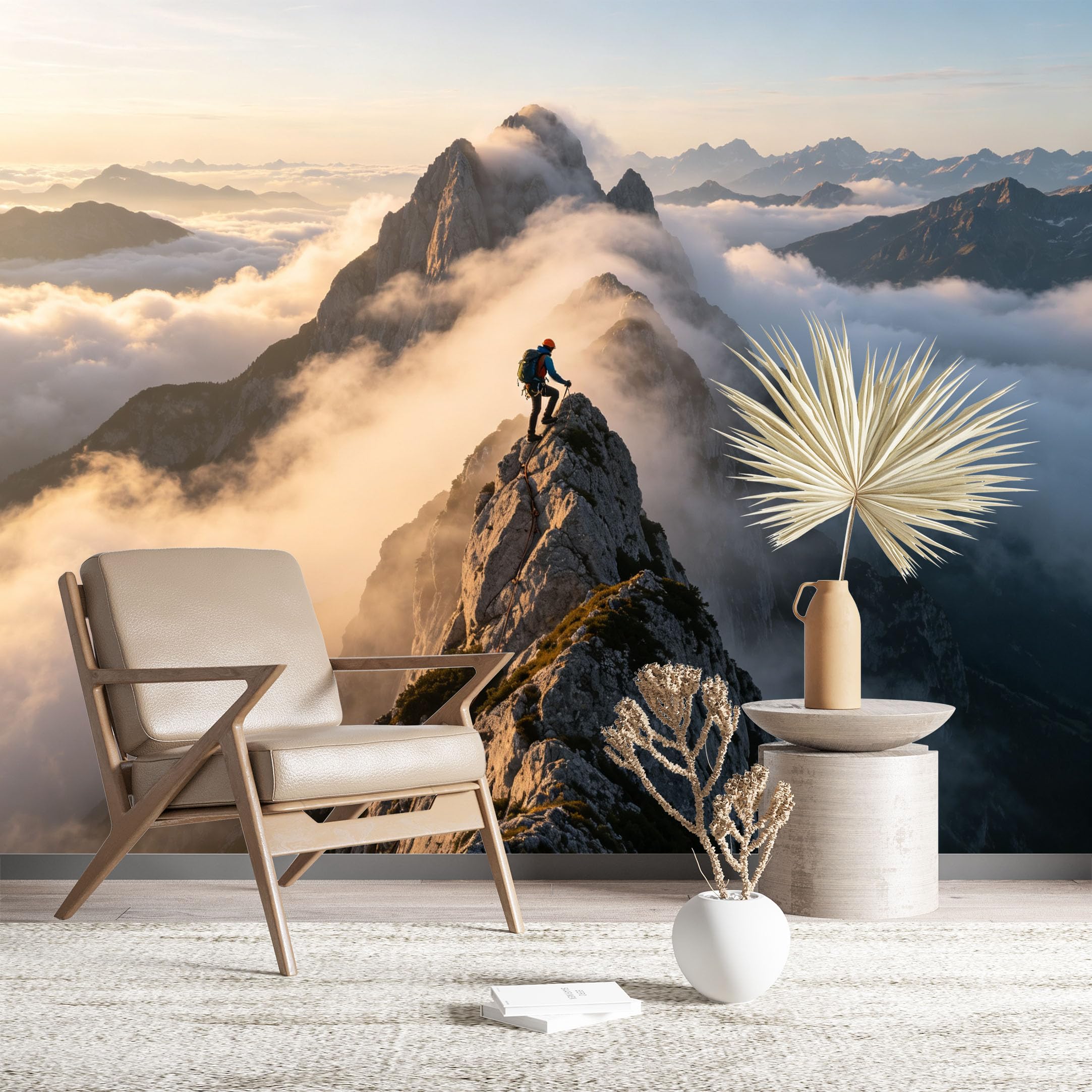 Custom Size Wall Murals Mountain Climber on Alpine Peak Realistic Self-Adhesive Wall Fabric (NO PVC) Removable Wallpaper for Living Room Bedroom