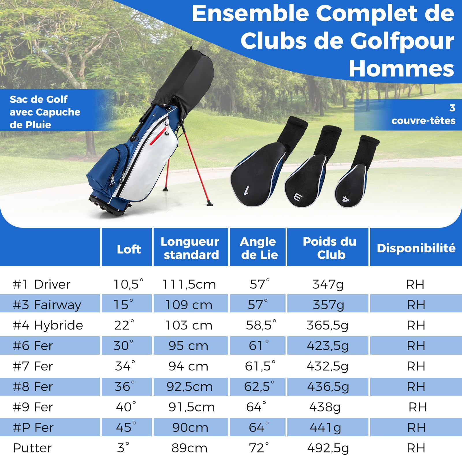 COSTWAY Ensemble de Golf 9 Clubs de Golf Ensemble Complet pour Débutant avec Sac Trépied pour Homme