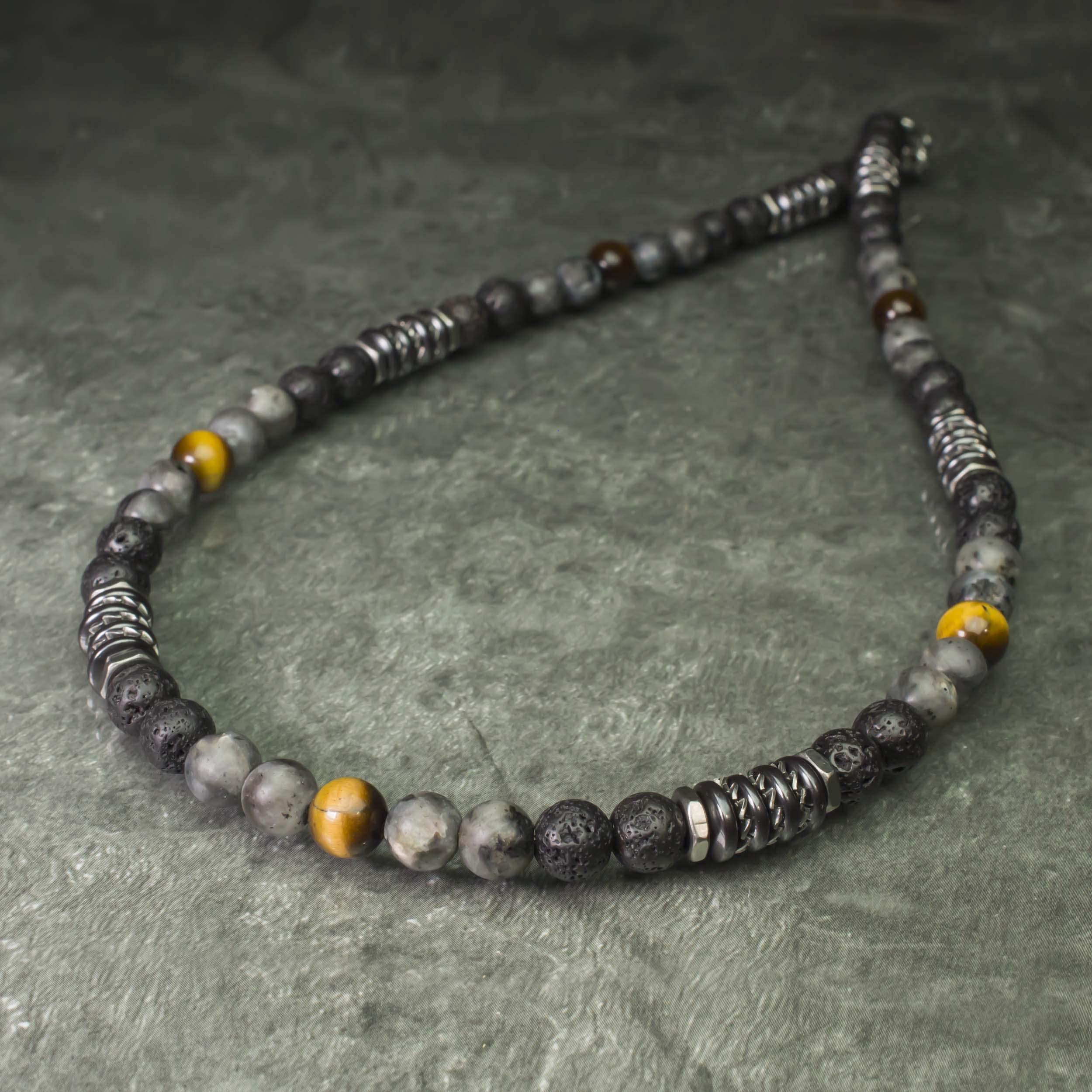 Collier perles 8mm pierre naturelle Œil Tigre Larvikite Labradorite gris mat Lave Volcanique noir rondelles Hématite métal INOX fabriqué en France COLLITEF15