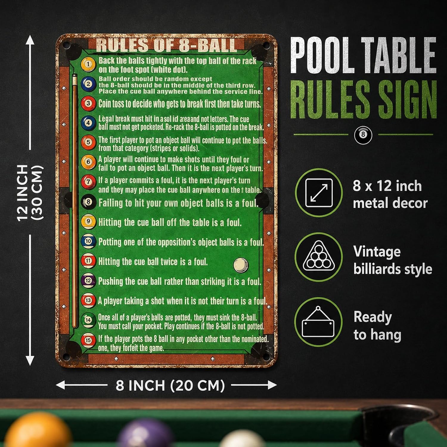 Pool Table Rules Sign, 8 Ball Pool Room Decor, Billiards Sign image 2