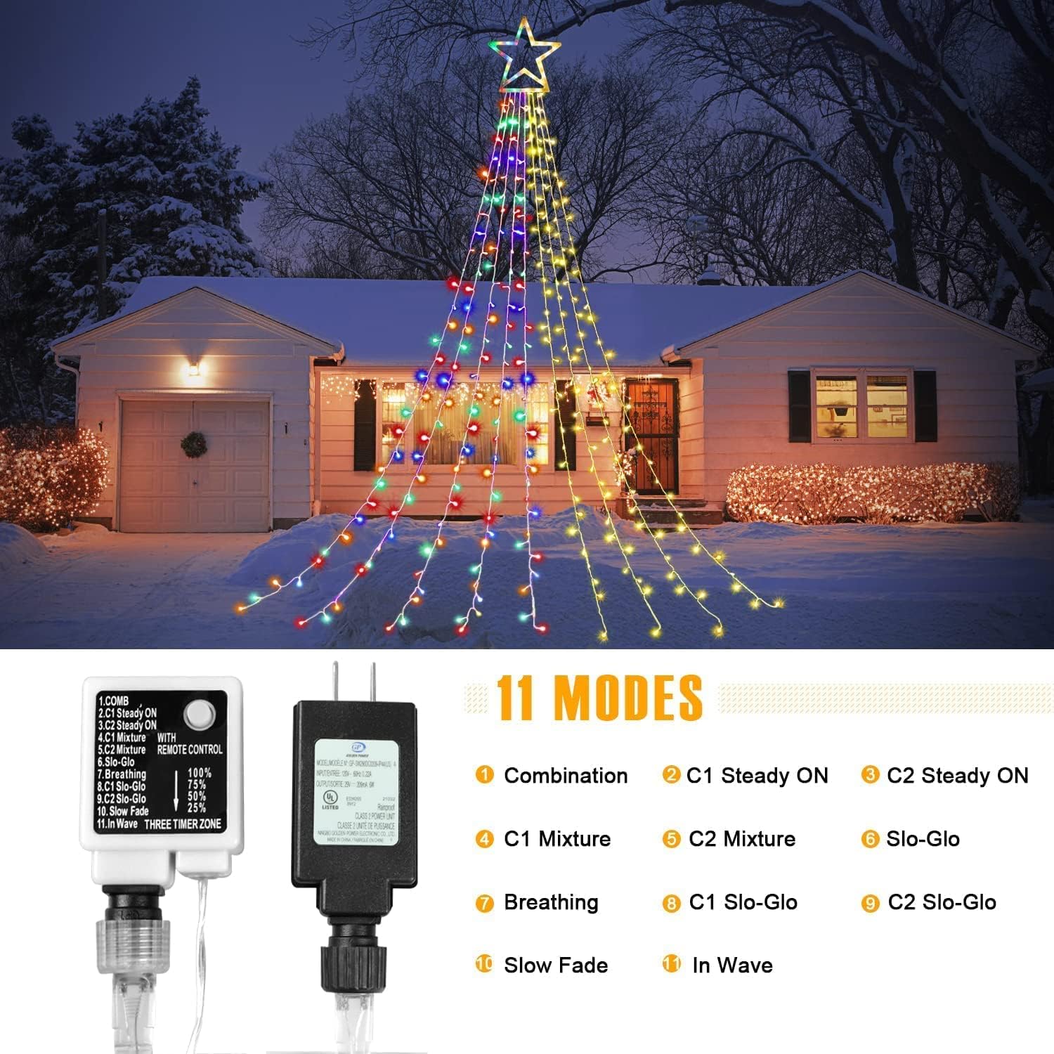 Christmas String Lights 317 LED Star Waterfall Twinkle Fairy Lights Color Changing for Christmas Decorations Party Wedding Indoor Outdoor Decorative Lights