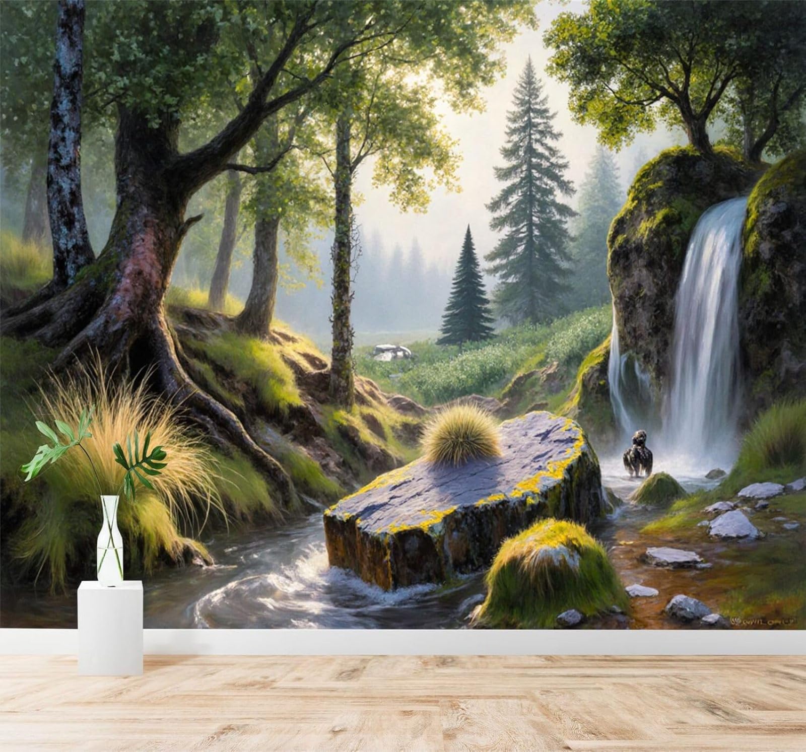 XLMING Waterfall Forest Stream Mossy Rock Natural Landscape 3D Wallpaper Silky Texture Home Study Office Grey Dining Room Sofa Bedroom Living Room TV Backdrop-250cm×170cm
