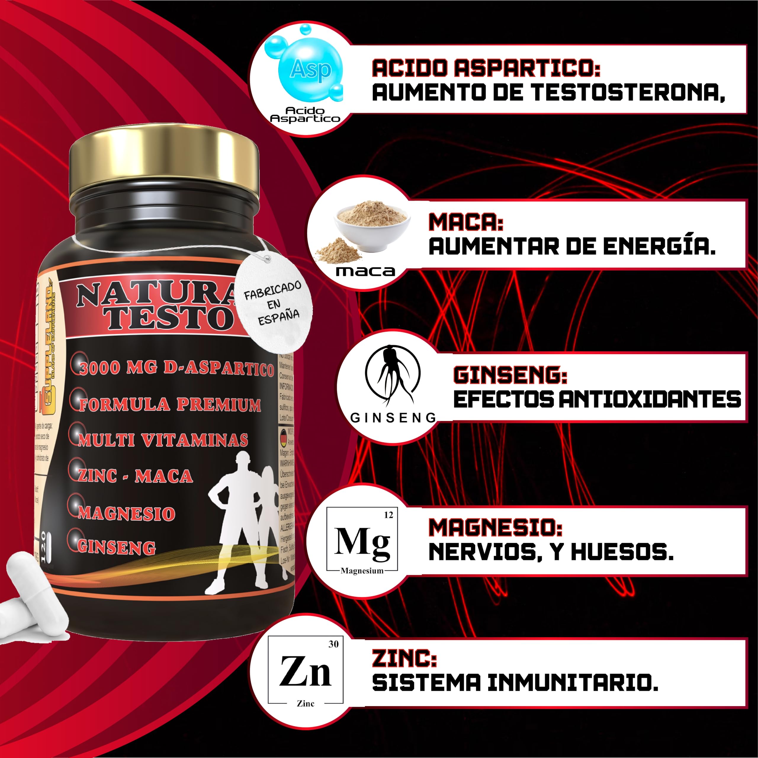 Testosterona Hombre 120 Capsulas - Zinc, Maca, Ginseng, Acido Aspartico y Vitamina D + Energia, Para Perder o ganar masa muscular, Activador Metabolico.