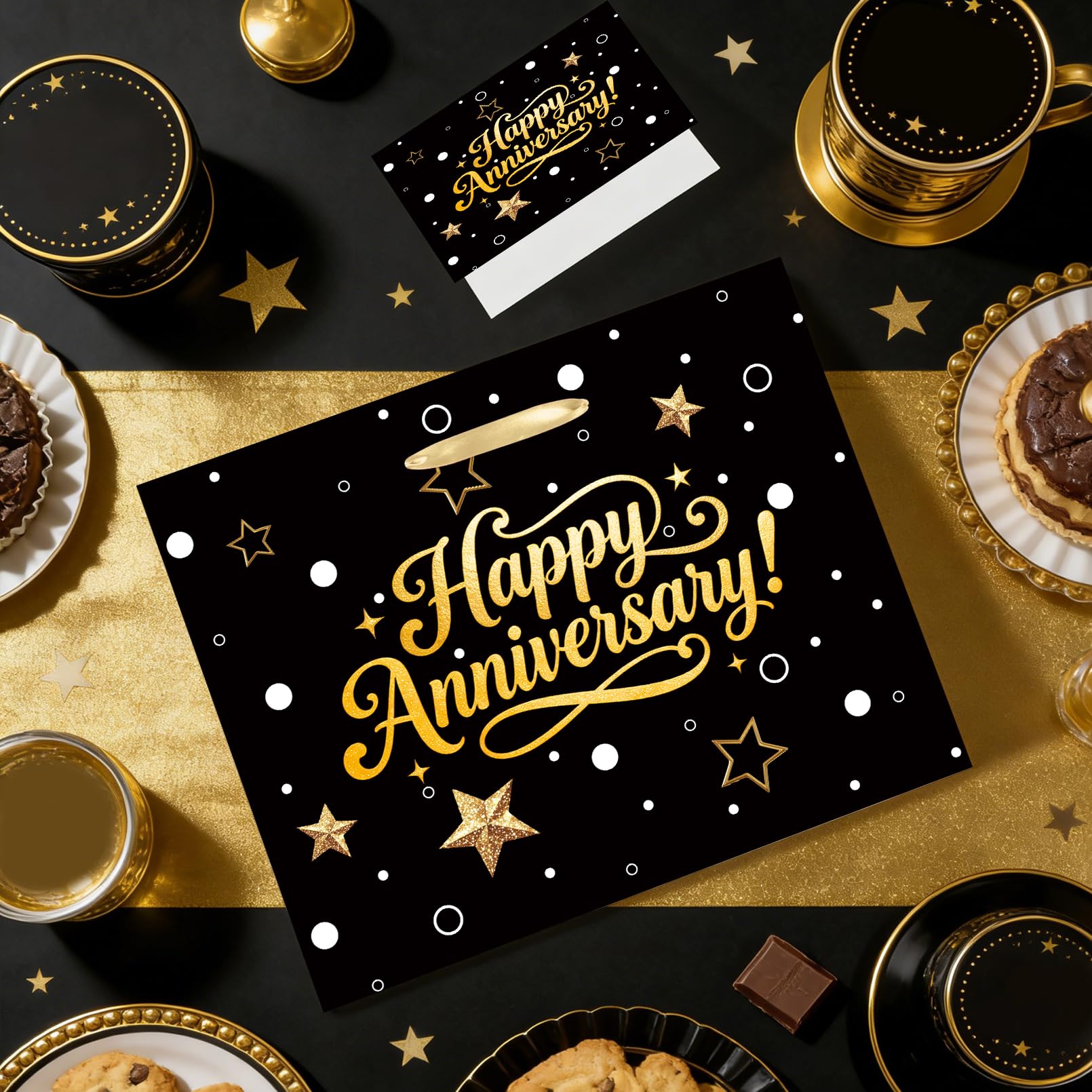 Black Gold Happy Anniversary Party Gift Bag - Large Wedding Gift Wrapping Bag with Tissue Paper and Greeting Card, Ideal for Wedding, Parents, 50th Golden Jubilee & Work Anniversary Party Decorations