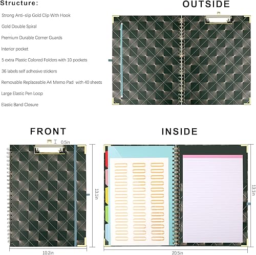 Miniatura 9 de Portapapeles en espiral con bloc de notas recargable, bonita carpeta de portapapapeles, 5 divisores con almacenamiento y 10 bolsillos, portapapeles