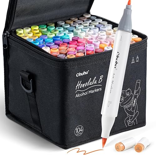 Ohuhu Alcohol Markers Brush Tip- 104-color Double Tipped Alcohol Based Art Marker Set for Artists Adults Coloring Illustration- Honolulu B of Ohuhu Markers- Dual Tip Brush & Fine- Refillable - Brush & Fine
