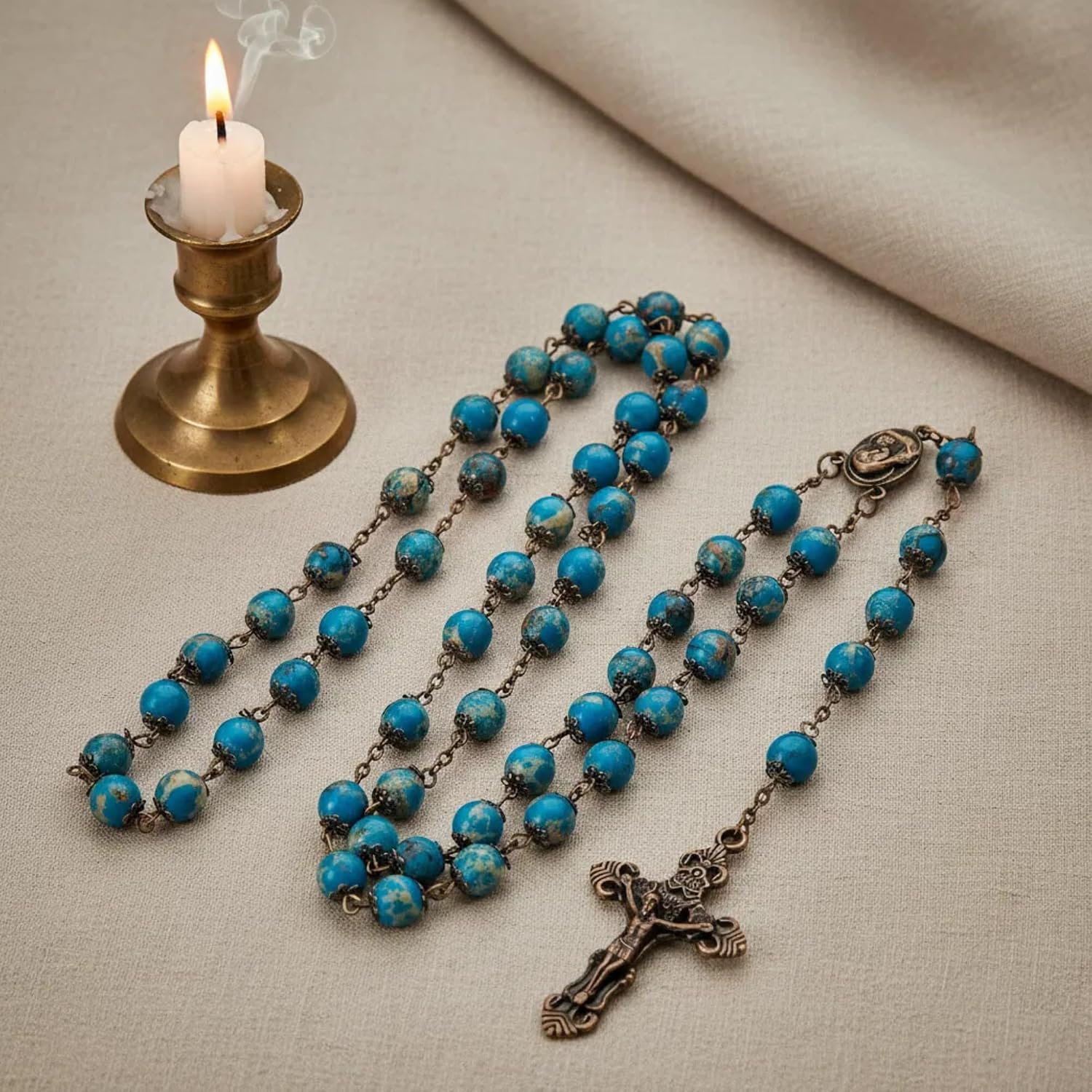Nazareth Store Blue Jasper Beads Rosary Necklace with Vintage Design, Stone Beaded Rosary for Catholic Prayer Terra Santa Collection Holy Soil Medal Cross Crucifix Religious Jewelry