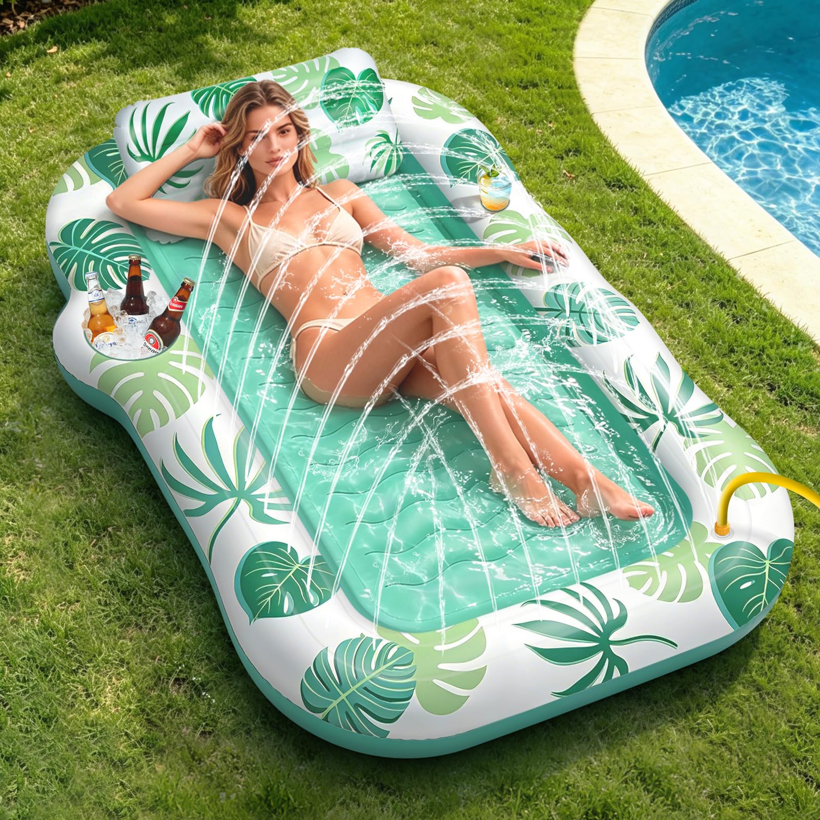 JONRRYIN Colchoneta Piscina Adultos, Tanning Pool con Función de Rociado y Portavasos, Colchoneta Hinchable 215×150 cm, Hamaca Hinchable Flotador para Playa y Agua