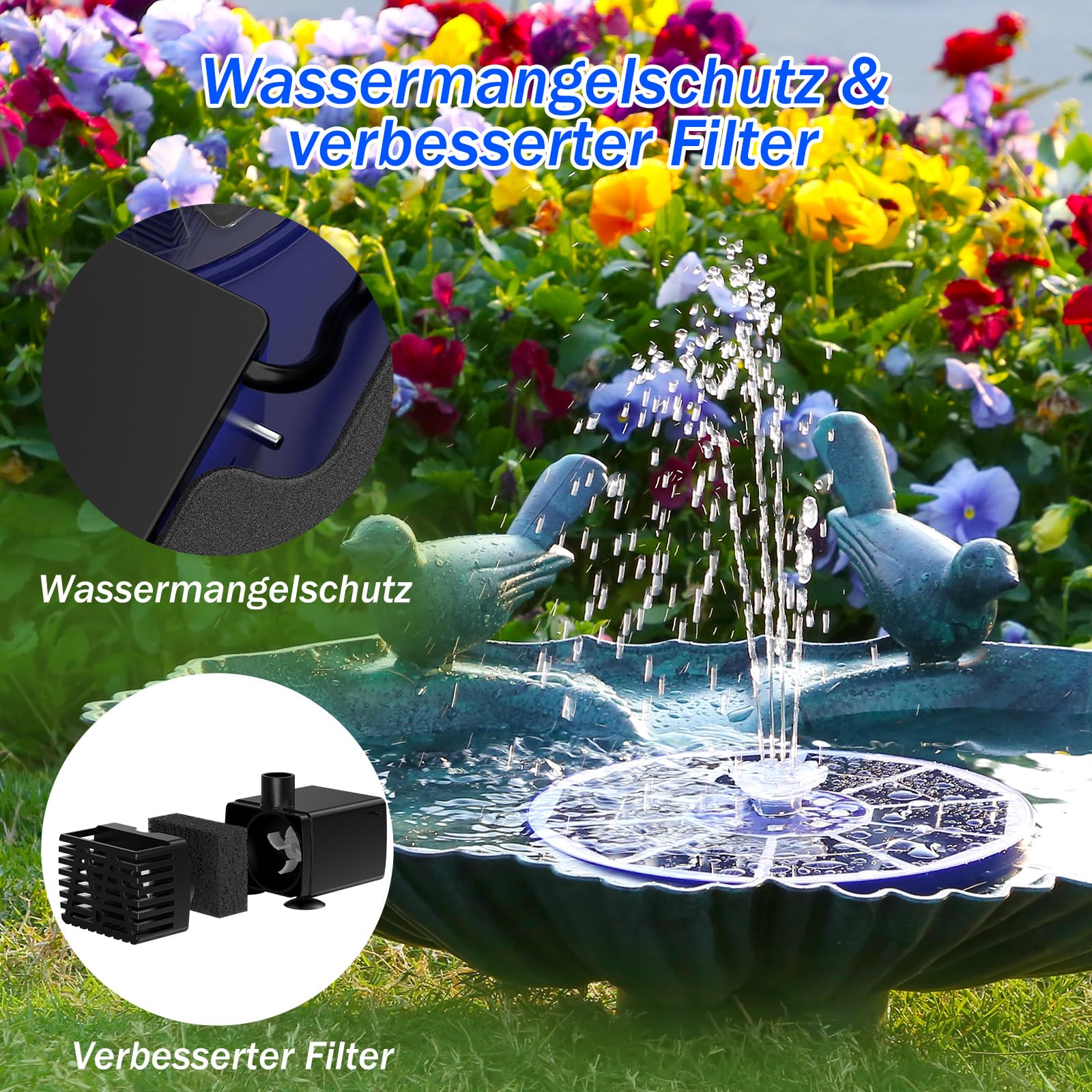 AISITIN LED Solarbrunnen für Draussen Verbessert mit 3000mAh, 3,5W Solar Schwimmender Fontäne Pumpe mit Verschiedene Sprüh Effekten, Solar Springbrunnen für Außen mit Blau Glasscheibe für Garten,Teich