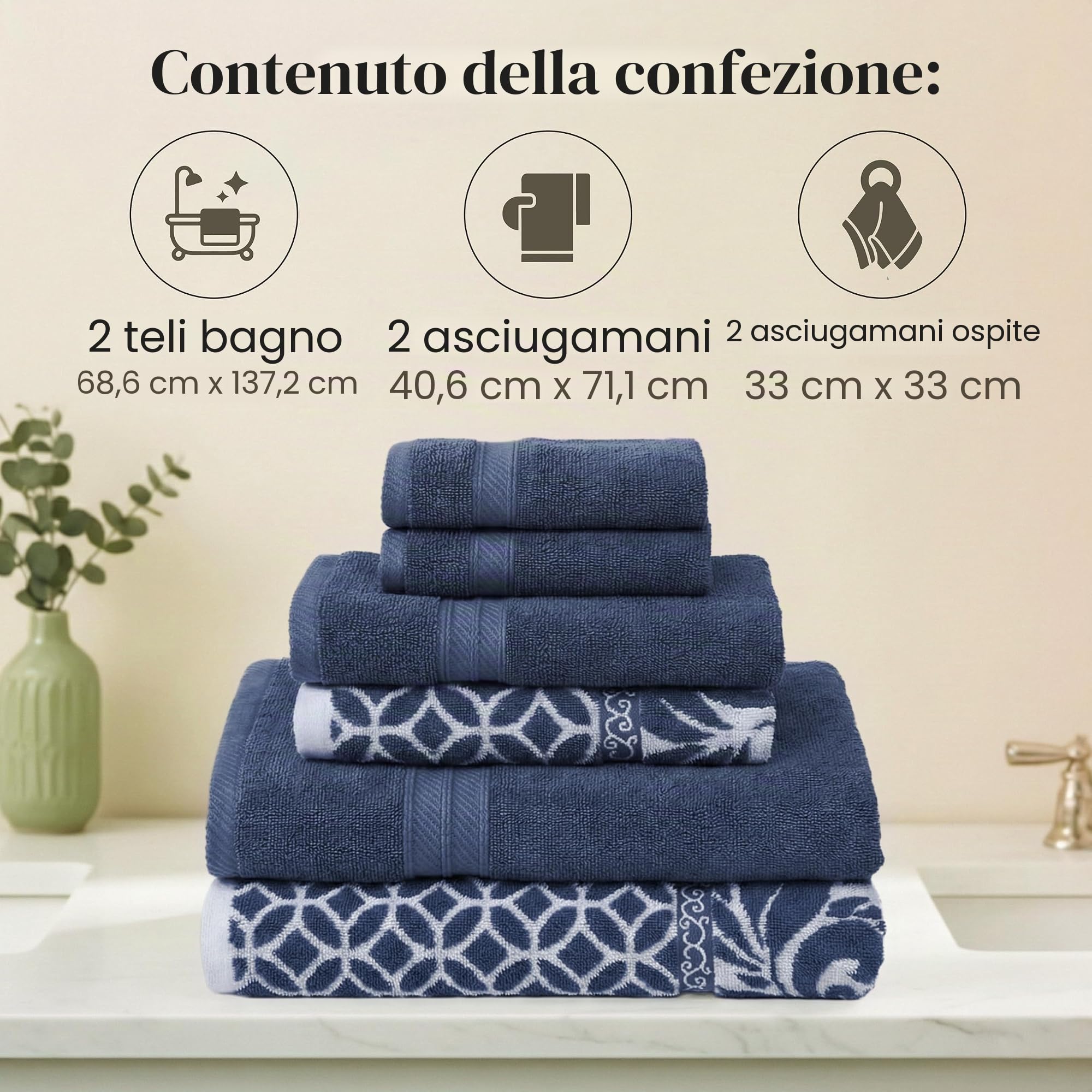 Modern Threads Set di 6 asciugamani reversibili in filigrana a trifoglio, set di 6 asciugamani da bagno, asciugamani e salviette, super assorbenti e ad asciugatura rapida, 100% cotone pettinato