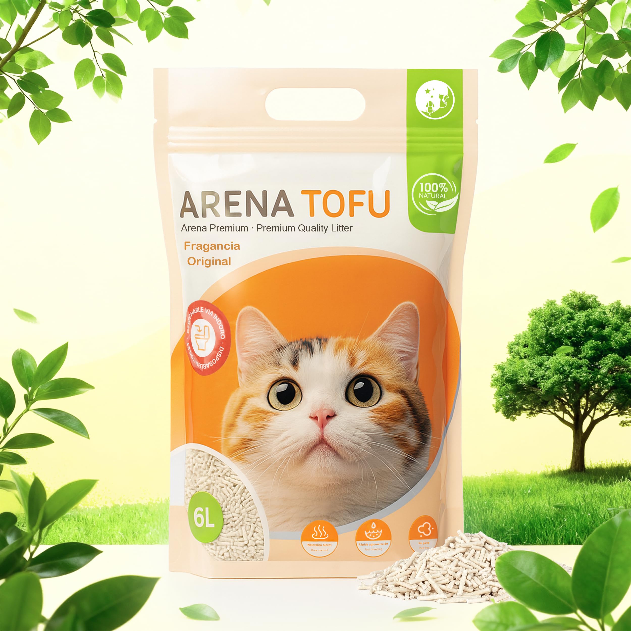 BESCH Pack 6 Arena de Tofu Aglomerante para Gatos 6L– 100% Natural, Biodegradable, Control de Olores y Bajo Polvo