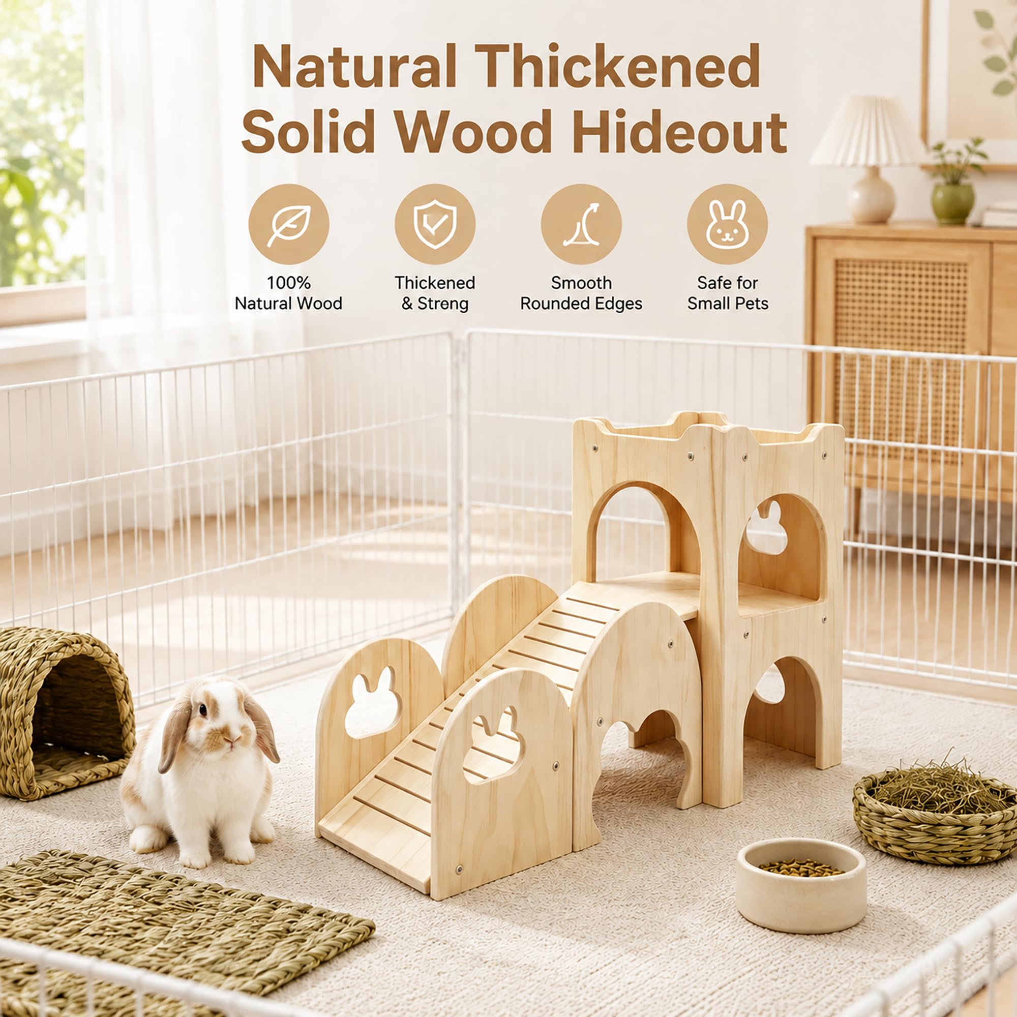 Großes Kaninchenversteck aus dickem hartem Holz, Hasenhaus-Schloss, Kletterturm, abnehmbares Spielhaus, belüftetes Meerschweinchen-Holzversteck für Hamster, Chinchillas, 2 Stück