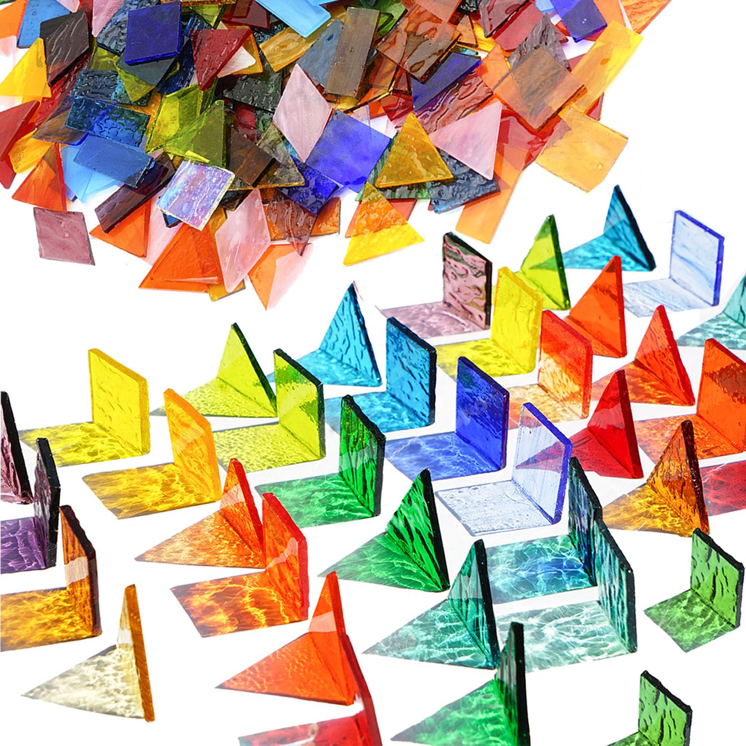 Lanyani 1.3 Pound/200 Pieces Extra Large Transparent Textured Stained Glass Mosaic Tiles for DIY Craft, Colorful Bright Cathedral Tile, 4-Shapes Mixed Pieces Bulk Arts