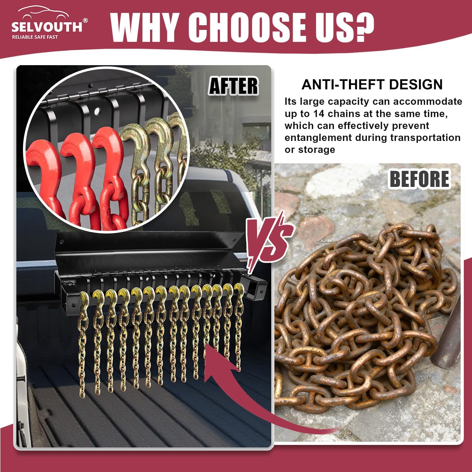 24" Aluminum Trailer Chain Holder (1-Pack) - for 5/16",3/8",1/2",Forged Hooks - Heavy Duty Trailer Cargo Rack for Chains & Binders - Holds Up to 14 Chains or Forged Hooks.