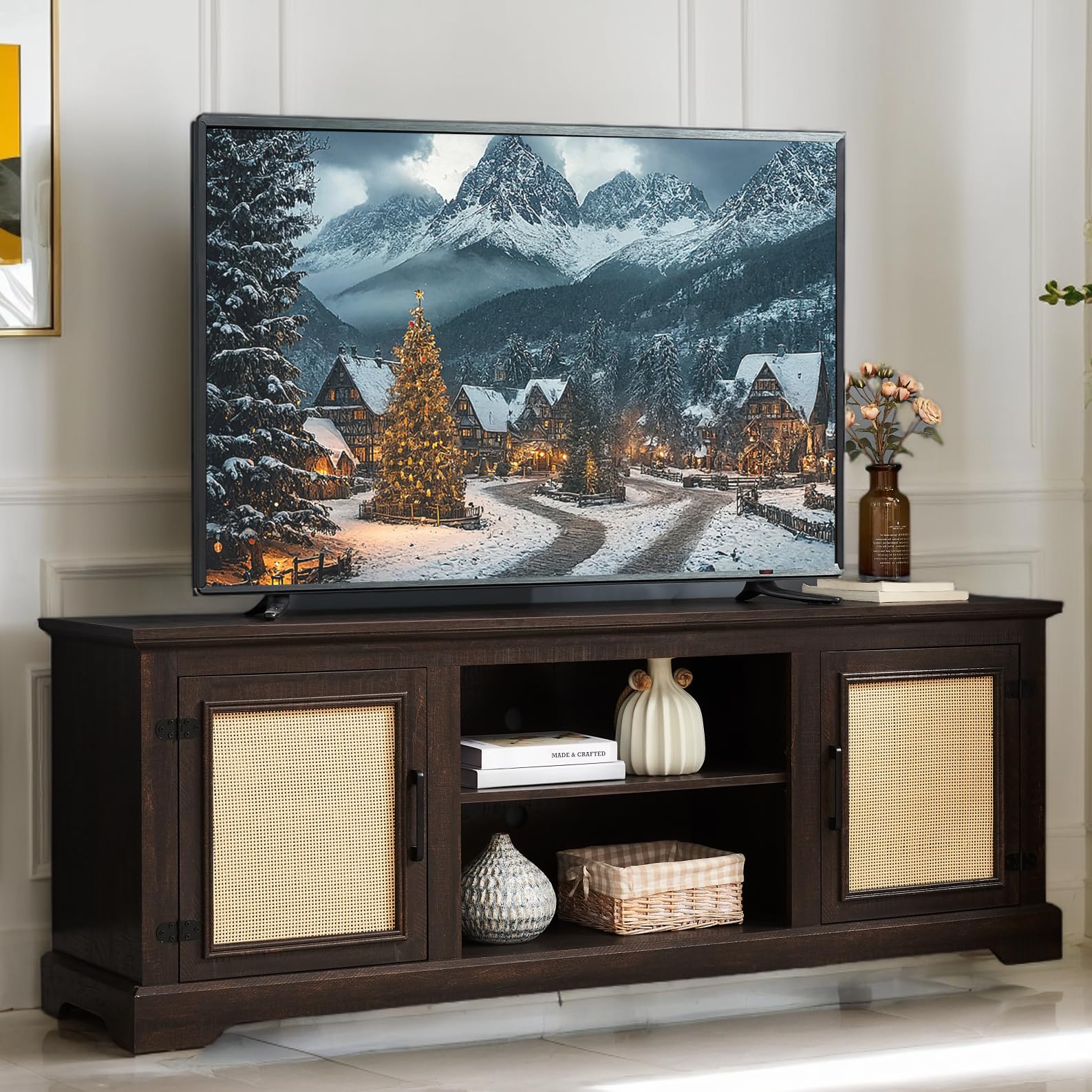 CKEASEAN 65" Mid-Century Modern TV Stand for TVs up to 75", Rattan Entertainment Center with Storage Cabinets & Adjustable Shelves, Media Console for