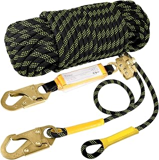 TRSMIMA 50ft Roofing Safety Lanyard Rope with Grab Hooks & Shock Absorber - ANSI Certified Fall Protection for Roofers, Climbers & Construction