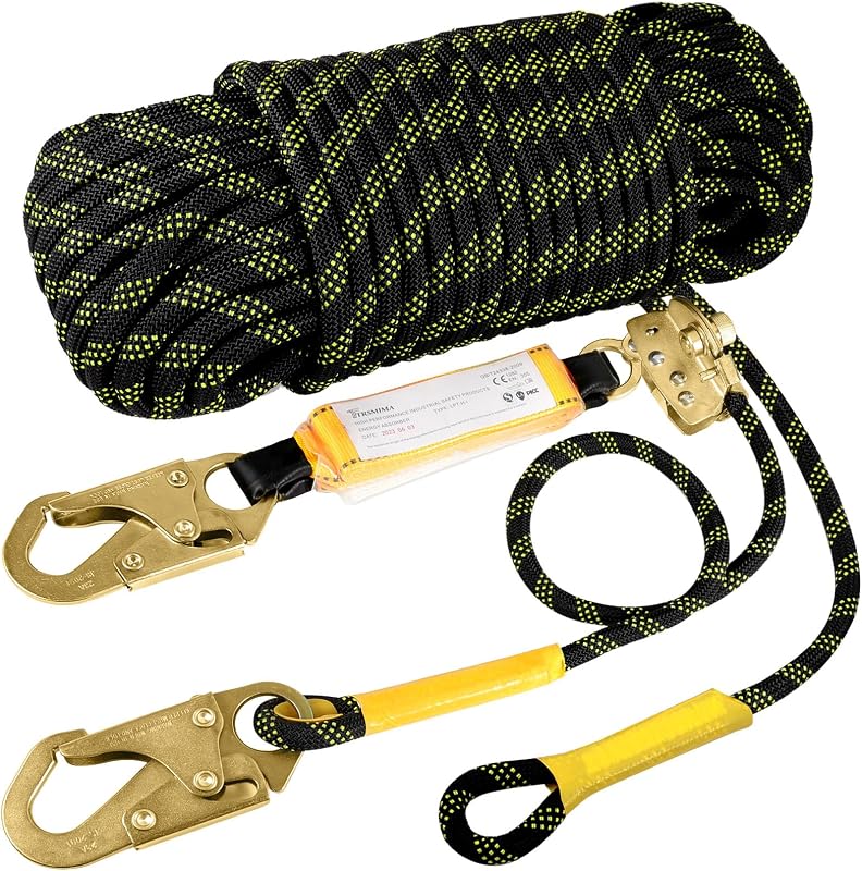 TRSMIMA Rope Harness Safety Lanyard：50ft Roofing Rope Fall Protection | Vertical Safety Harness Rope With Grab Snap Hooks Shock Absorber - Tree Climbing Line Kit Heavy Duty Safety Equipment ANSI CE