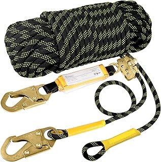 TRSMIMA Rope Harness Safety Lanyard：50ft Vertical Roofing Rope With Grab Snap Hooks Shock Absorber - Fall Protection Tree Climbing Line Kit Heavy Duty Roof Safety Equipment ANSI CE