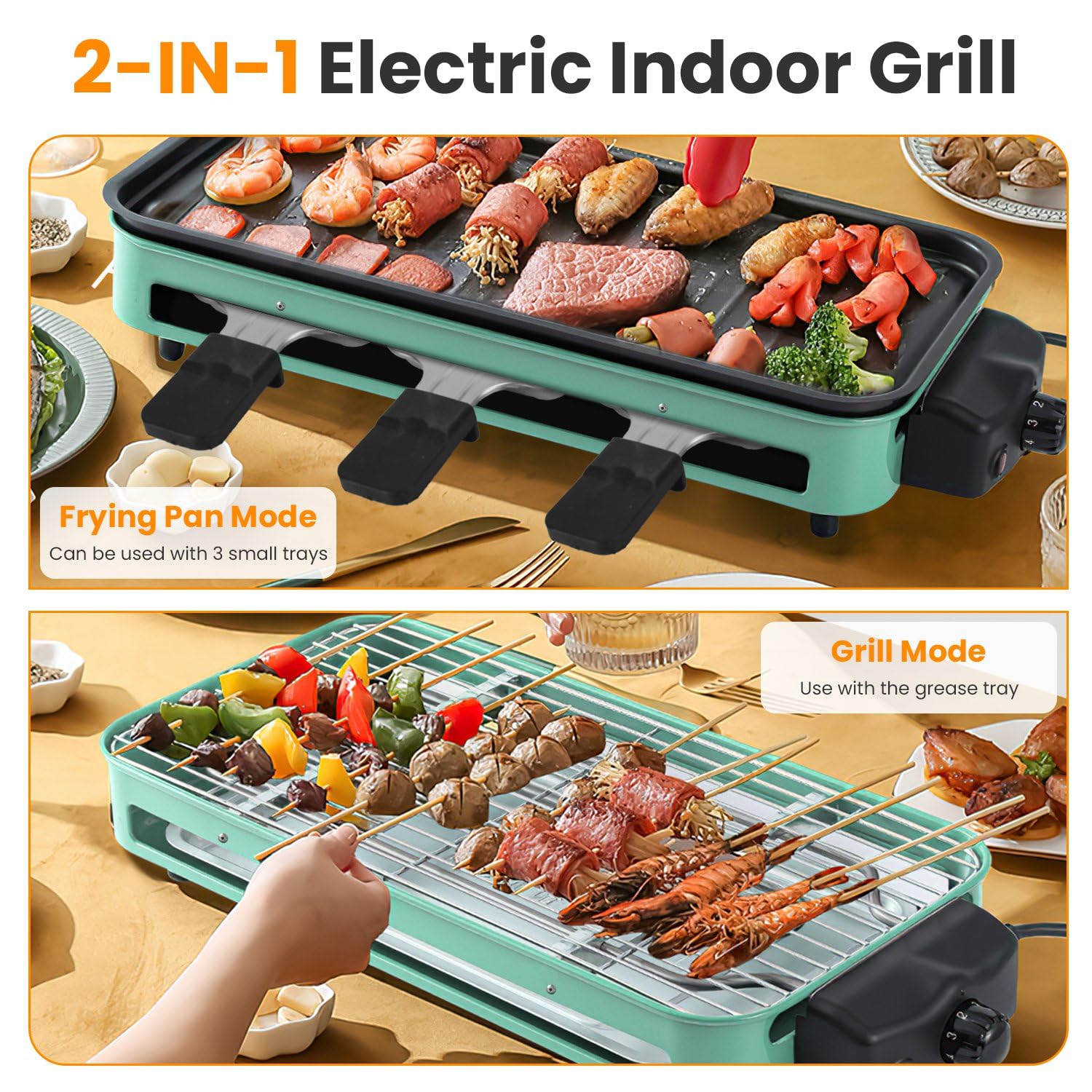 TeqHome Electric Indoor Grill,1500W 2 in 1 Smokeless Raclette Table Grill for Kitchen,Barbecue Korean BBQ Grill with Grill Net,Non-Stick Cooking Removable Plate,5 Temperature Control & Dishwasher Safe